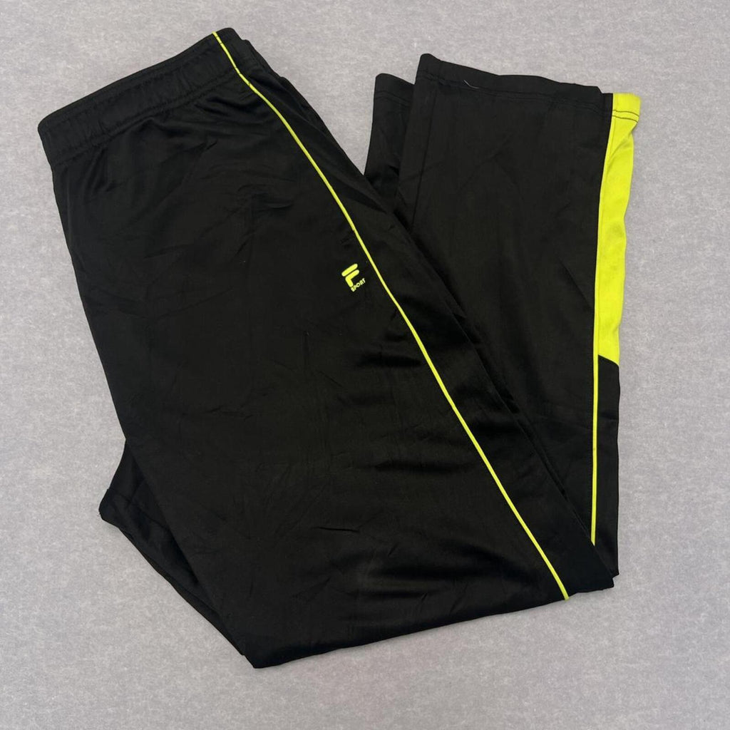 Vintage Fila Sport Men's Black & Neon Yellow Piping Baggy Track Pants Large
