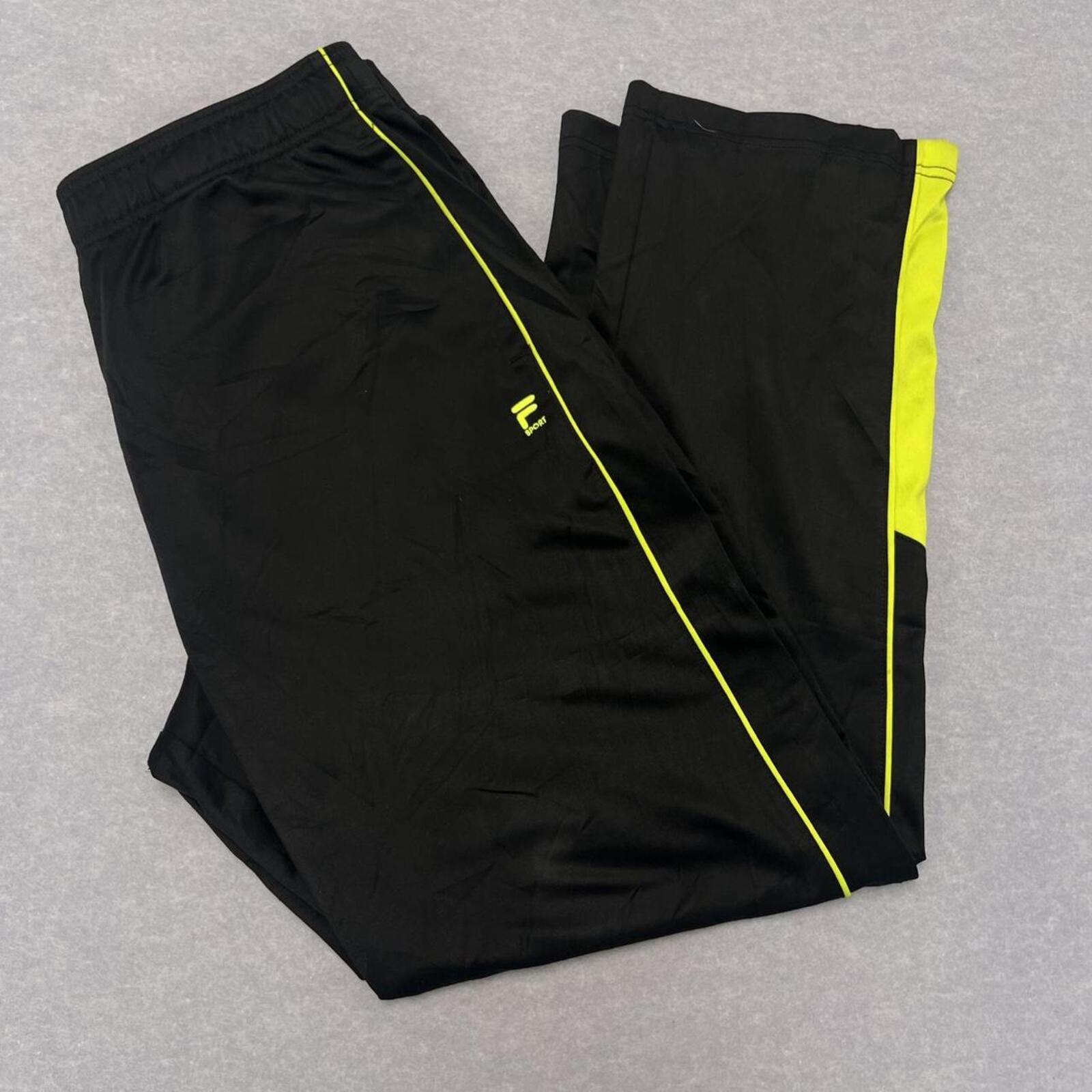 Vintage Fila Sport Men's Black & Neon Yellow Piping Baggy Track Pants Large