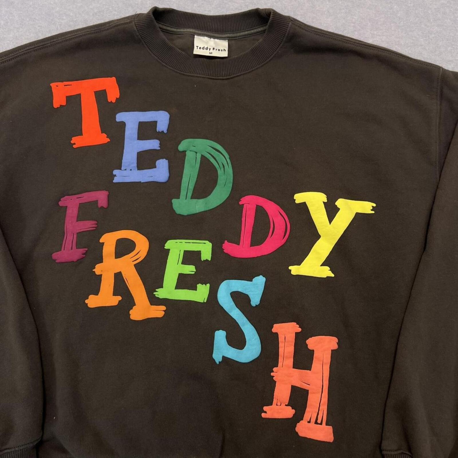 Teddy Fresh Dark Charcoal Faded Rainbow Logo SpellOut Crewneck Sweatshirt Medium