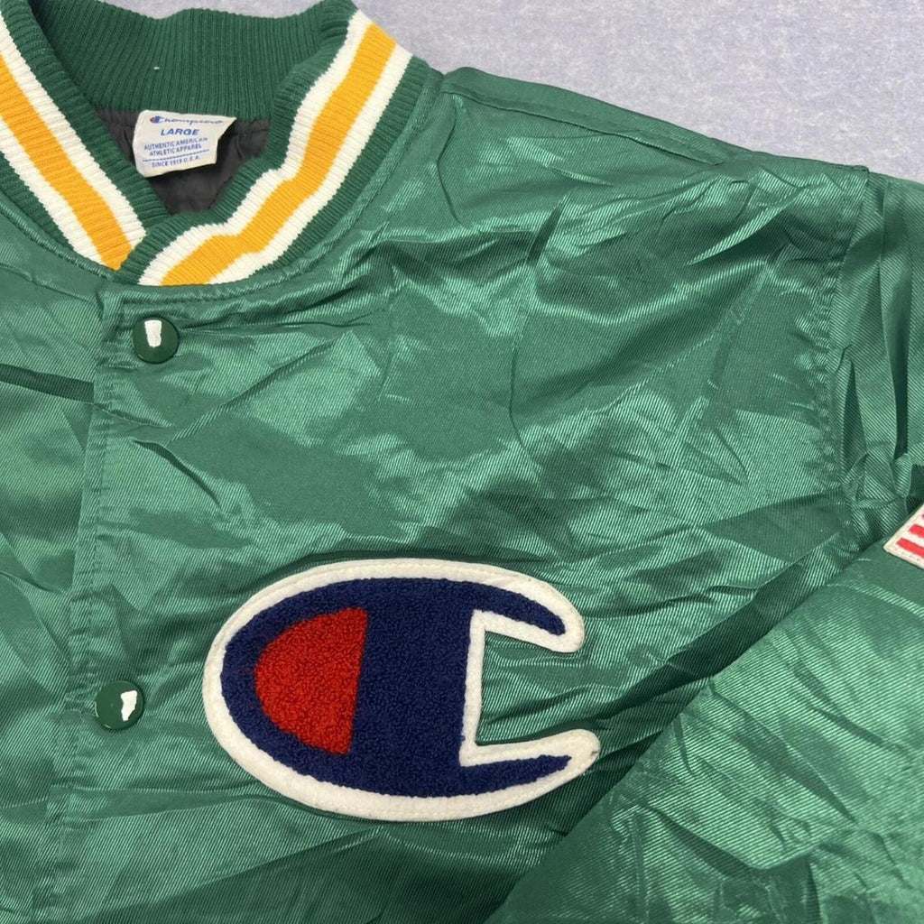 Vintage 80s/90s Champion Men's Green Satin Varsity Bomber Jacket USA Flag Large