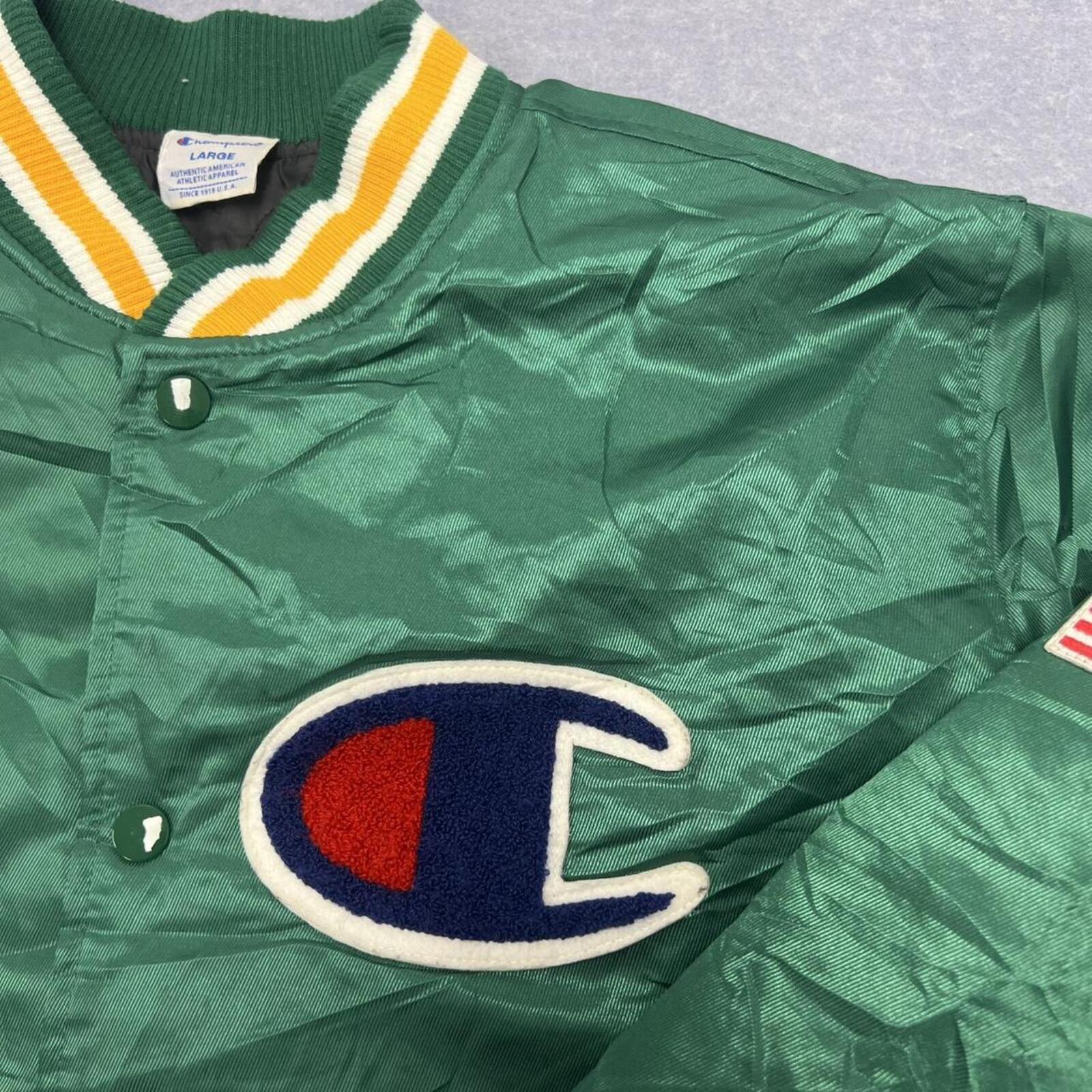 Vintage 80s/90s Champion Men's Green Satin Varsity Bomber Jacket USA Flag Large