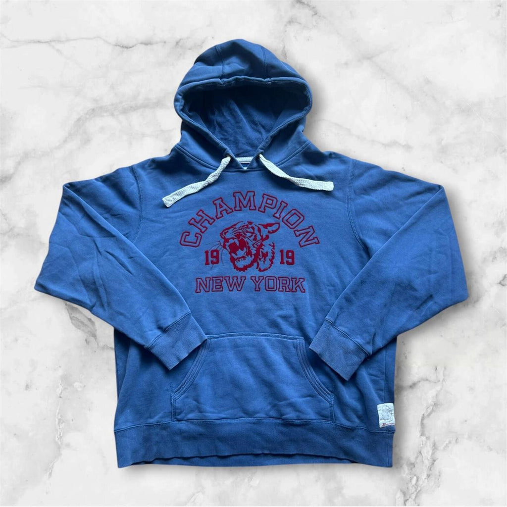 Vintage Champion Athletic Men’s Blue & Red Felt Streetwear Tiger Hoodie 2XL