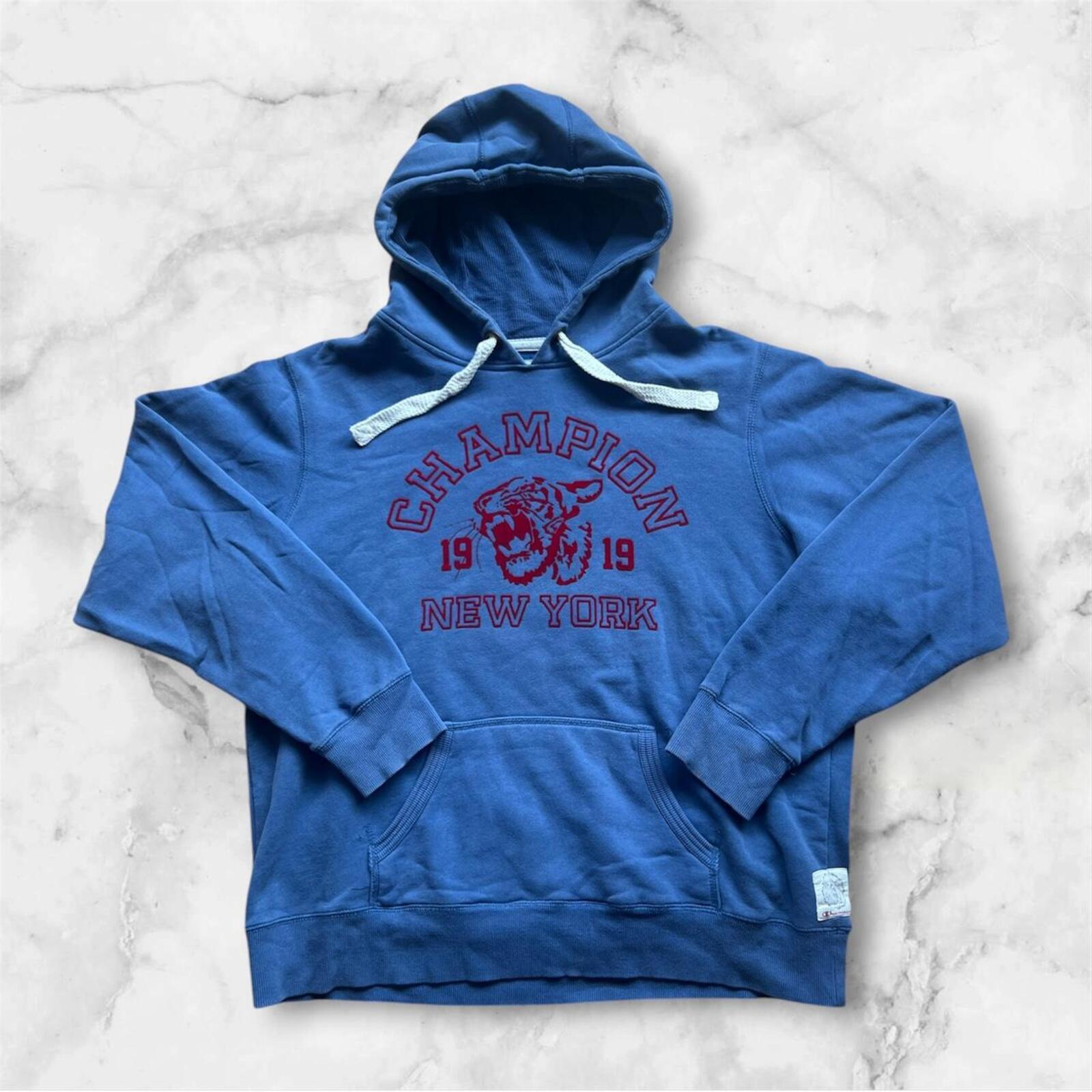 Vintage Champion Athletic Men’s Blue & Red Felt Streetwear Tiger Hoodie 2XL