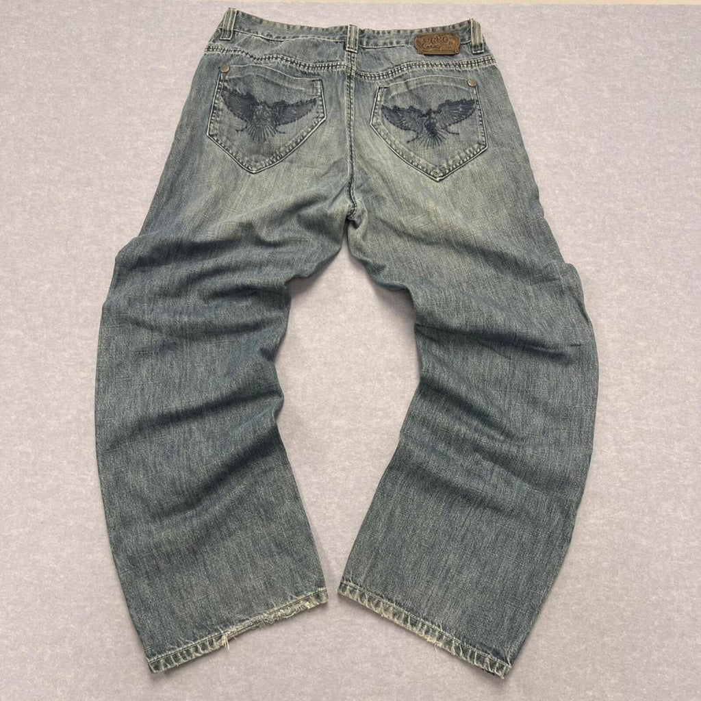 Vintage Ecko Unltd Baggy Jeans Light Wash Eagle Embroidery Y2K Men's W36