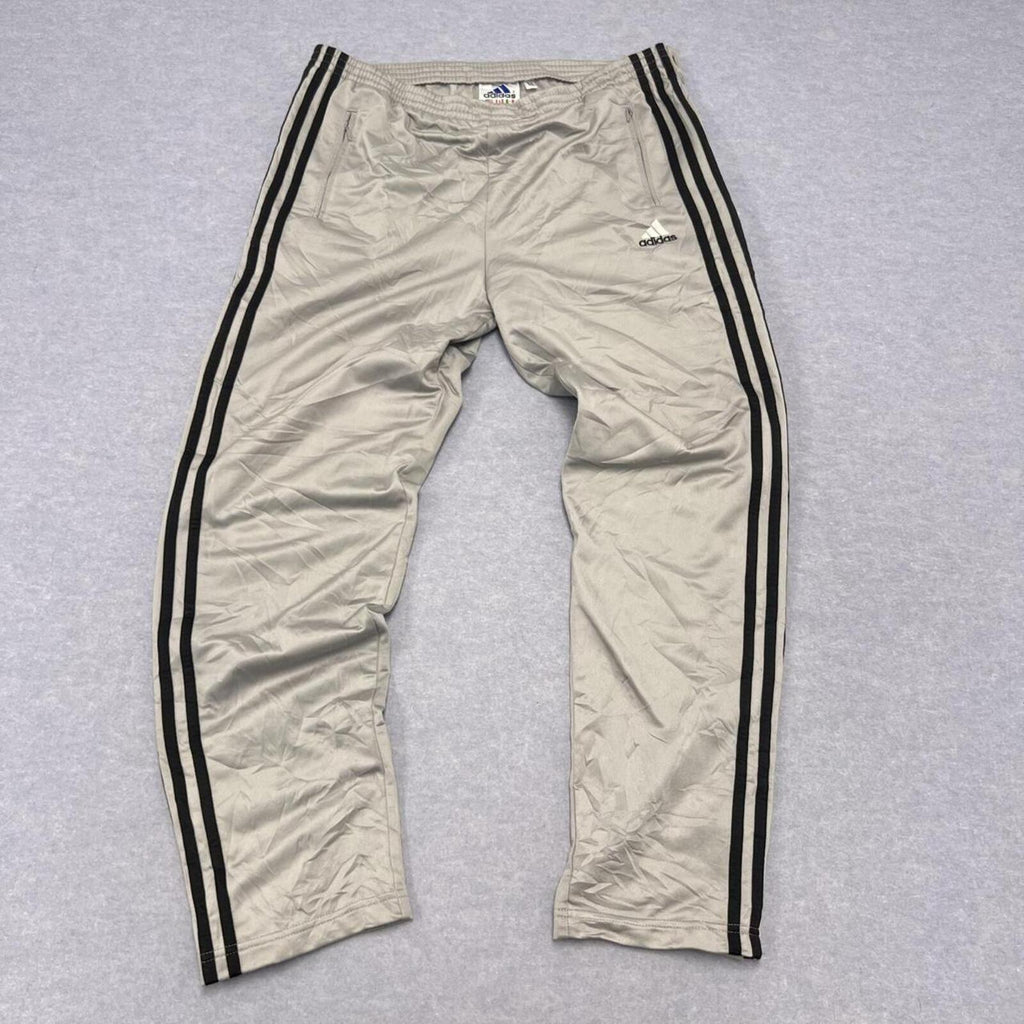 Vintage 1999 Adidas Men's Silver & Black Striped Button up Baggy Streetwear Track Pants Warmup Joggers Oversized Medium