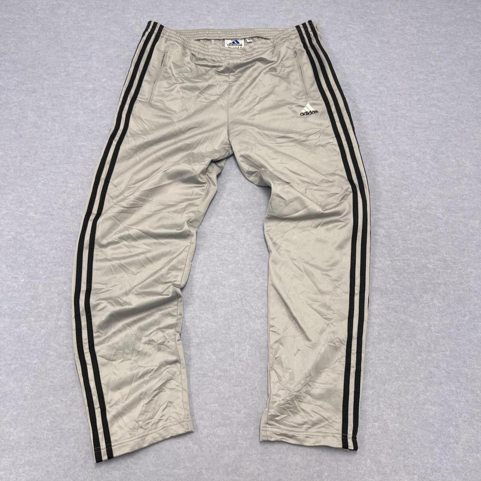 Vintage 1999 Adidas Men's Silver & Black Striped Button up Baggy Streetwear Track Pants Warmup Joggers Oversized Medium