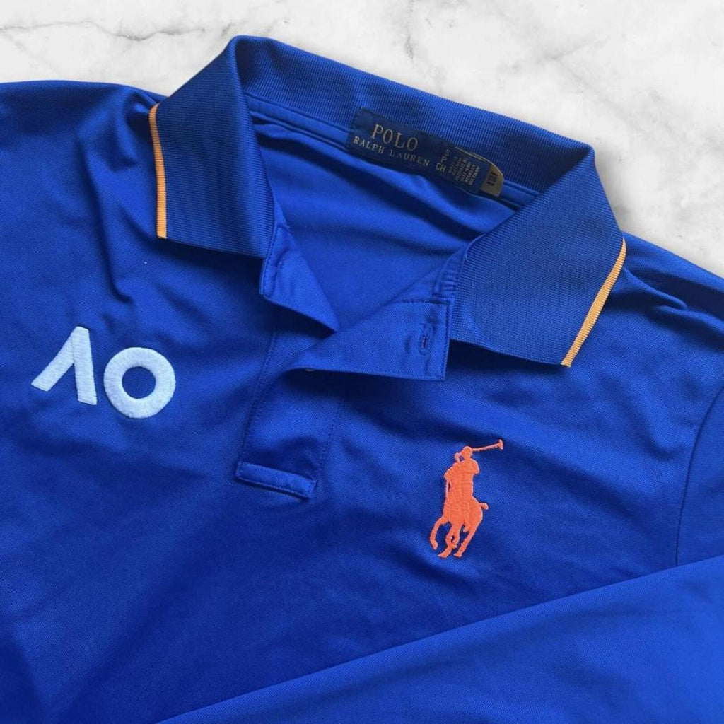 Polo Ralph Lauren Men’s AO Australian Open Tennis 2024 Navy Blue & Orange Big Pony Sports Longsleeve Polo Small