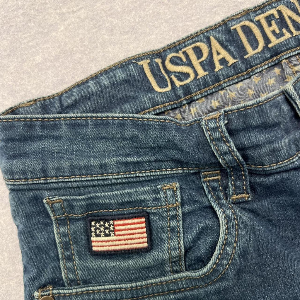 Vintage U.S. Polo Assn Skinny Fit Blue Denim Jeans USA Flag Pocket Logo W29 L32