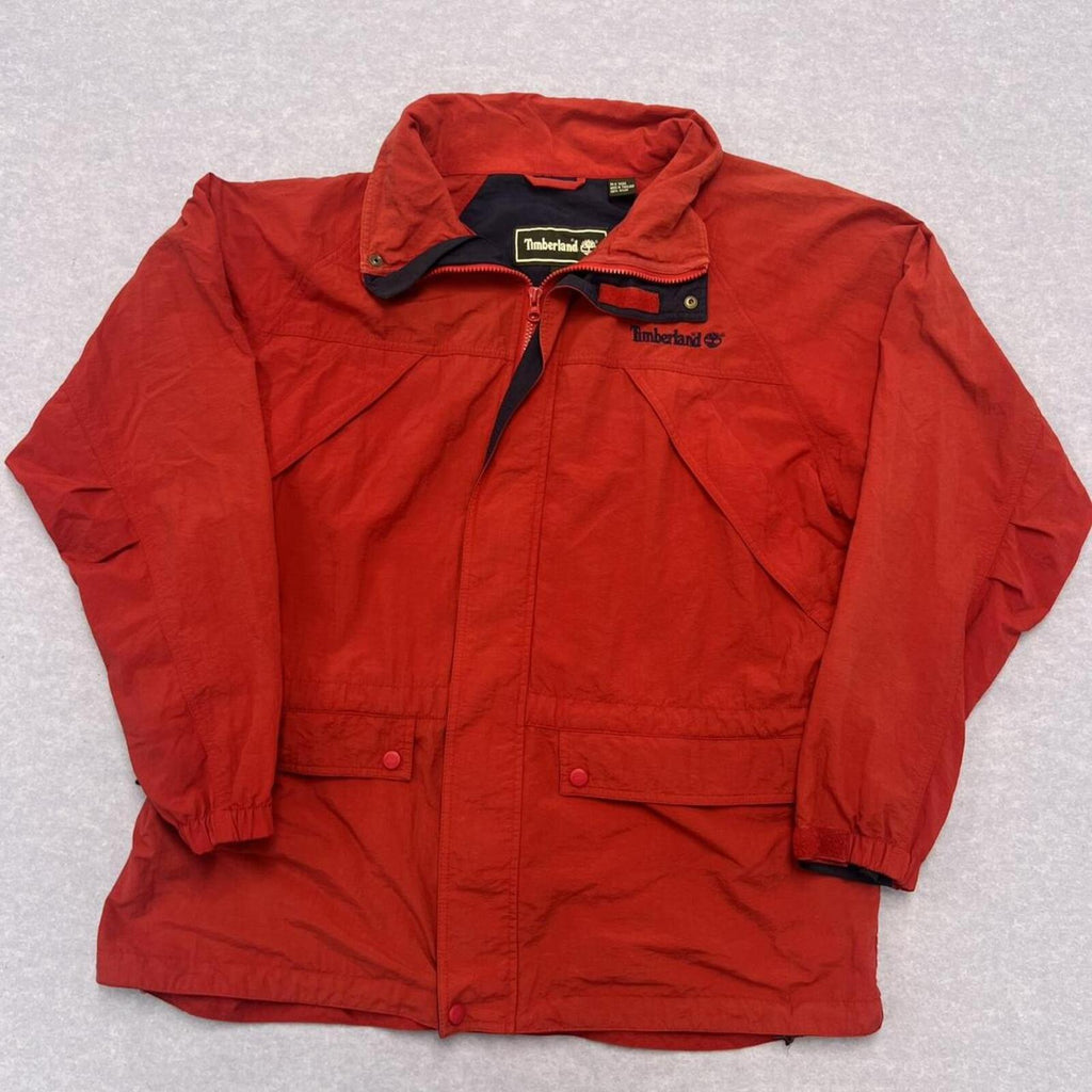 Vintage 90’s Timberland Men's Red Nylon Windbreaker Utility Jacket Medium