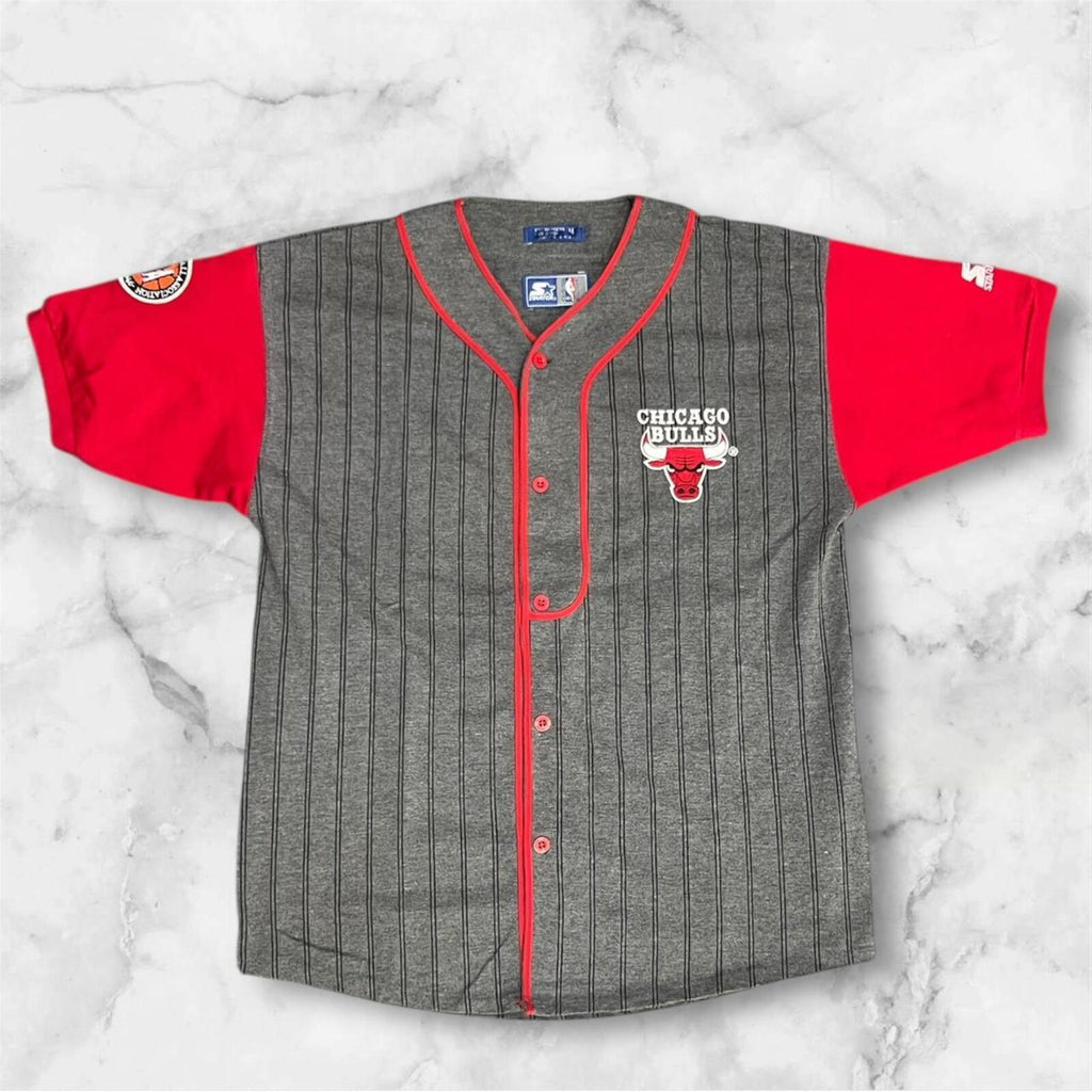 Vintage 90s Starter Chicago Bulls Grey & Red Pinstripe Baseball Style NBA Button Up Jersey Men’s medium.