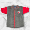 Vintage 90s Starter Chicago Bulls Grey & Red Pinstripe Baseball Style NBA Button Up Jersey Men’s medium.