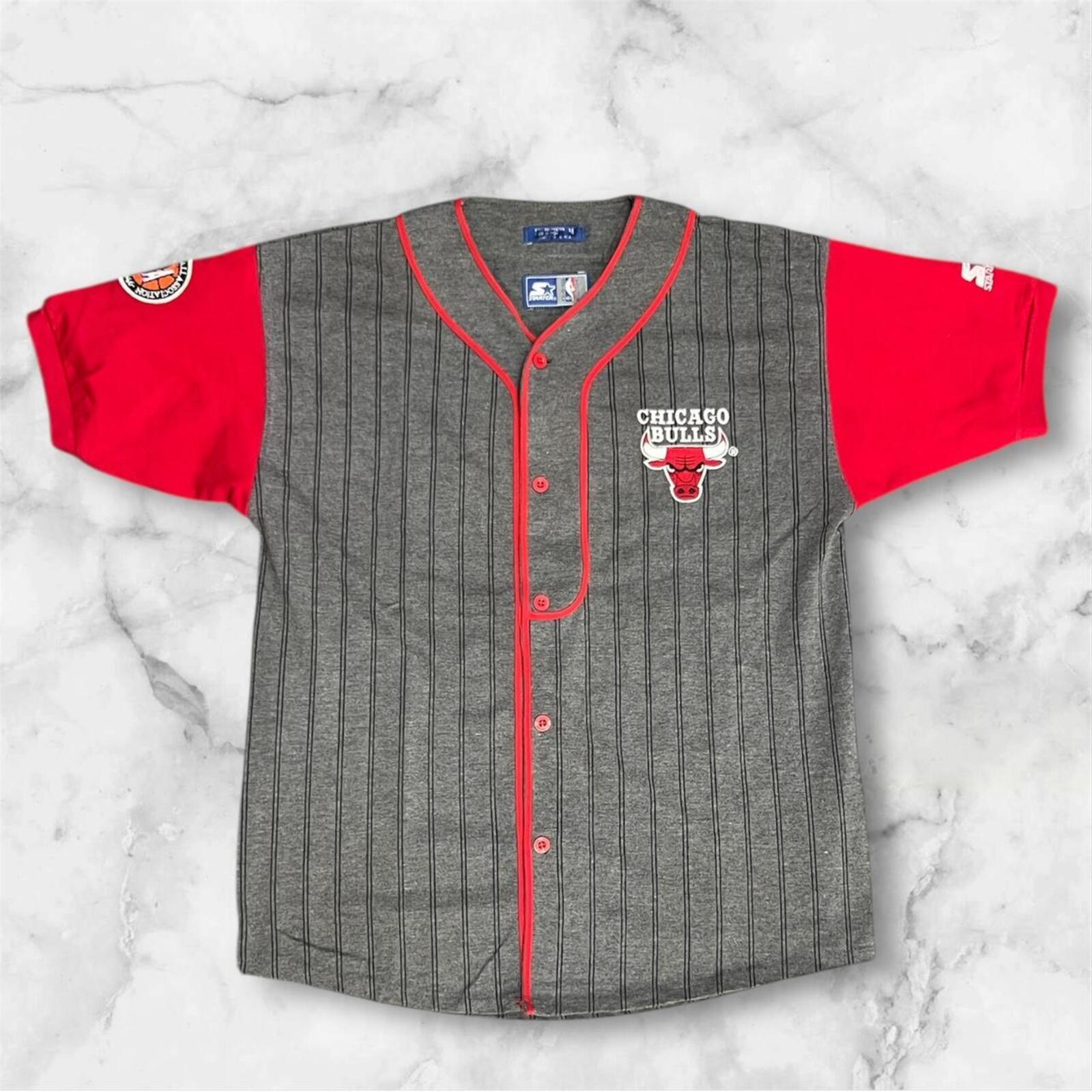 Vintage 90s Starter Chicago Bulls Grey & Red Pinstripe Baseball Style NBA Button Up Jersey Men’s medium.
