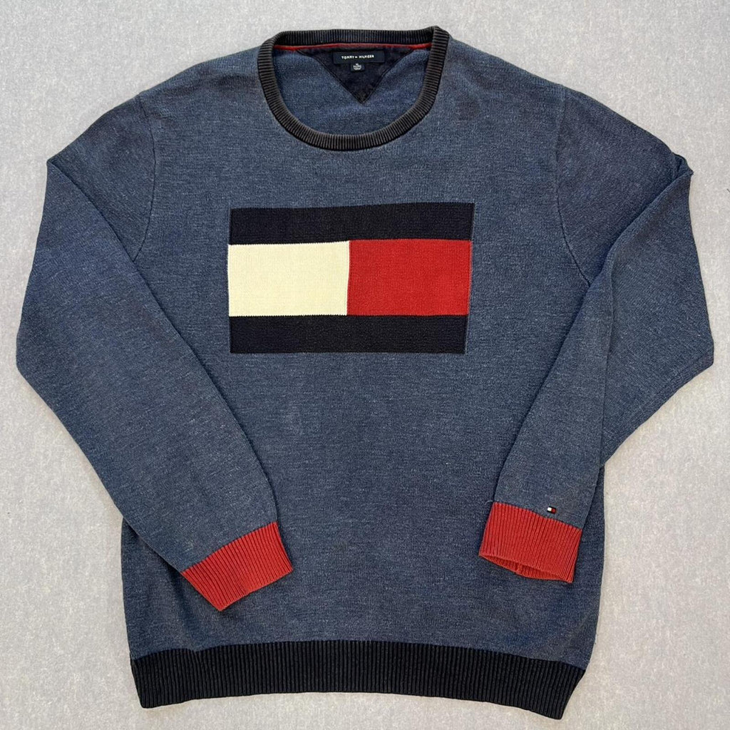 Vintage Tommy Hilfiger Men's Navy Blue Big Flag Knit Sweater Jumper Preppy XL