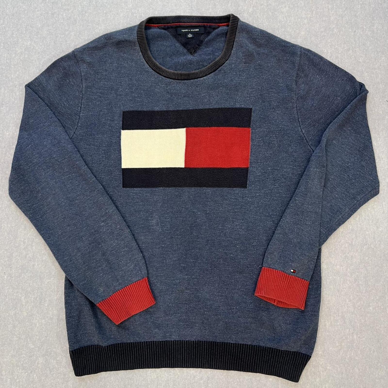Vintage Tommy Hilfiger Men's Navy Blue Big Flag Knit Sweater Jumper Preppy XL