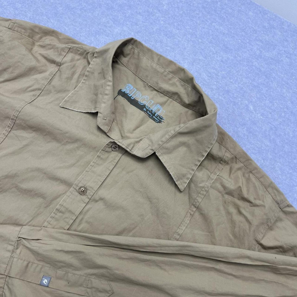Vintage Rip Curl Men's Khaki Tan Long Sleeve Surf Shirt XXL Seagull Graphic Y2K