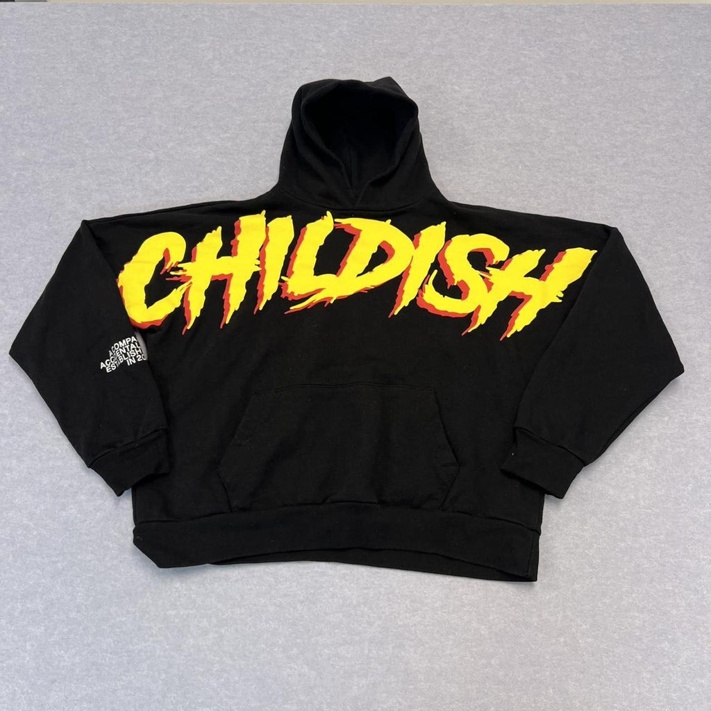 Childish Flame Boxy Hoodie TGF Bro Black Oversized Embroidered Hoodie Small