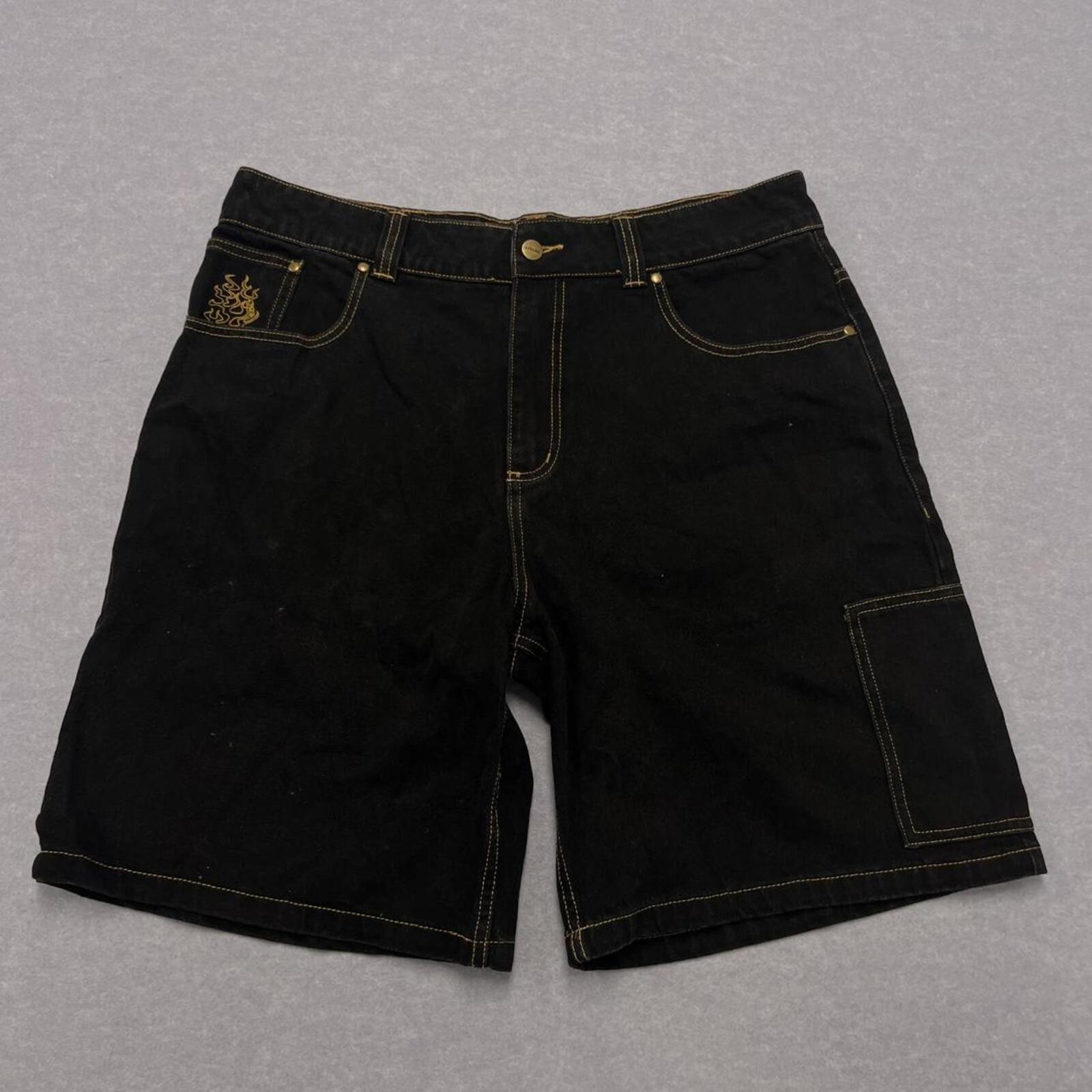 Vintage Afends Black Denim Cargo Shorts Flame Embroidery Y2K Men's W36