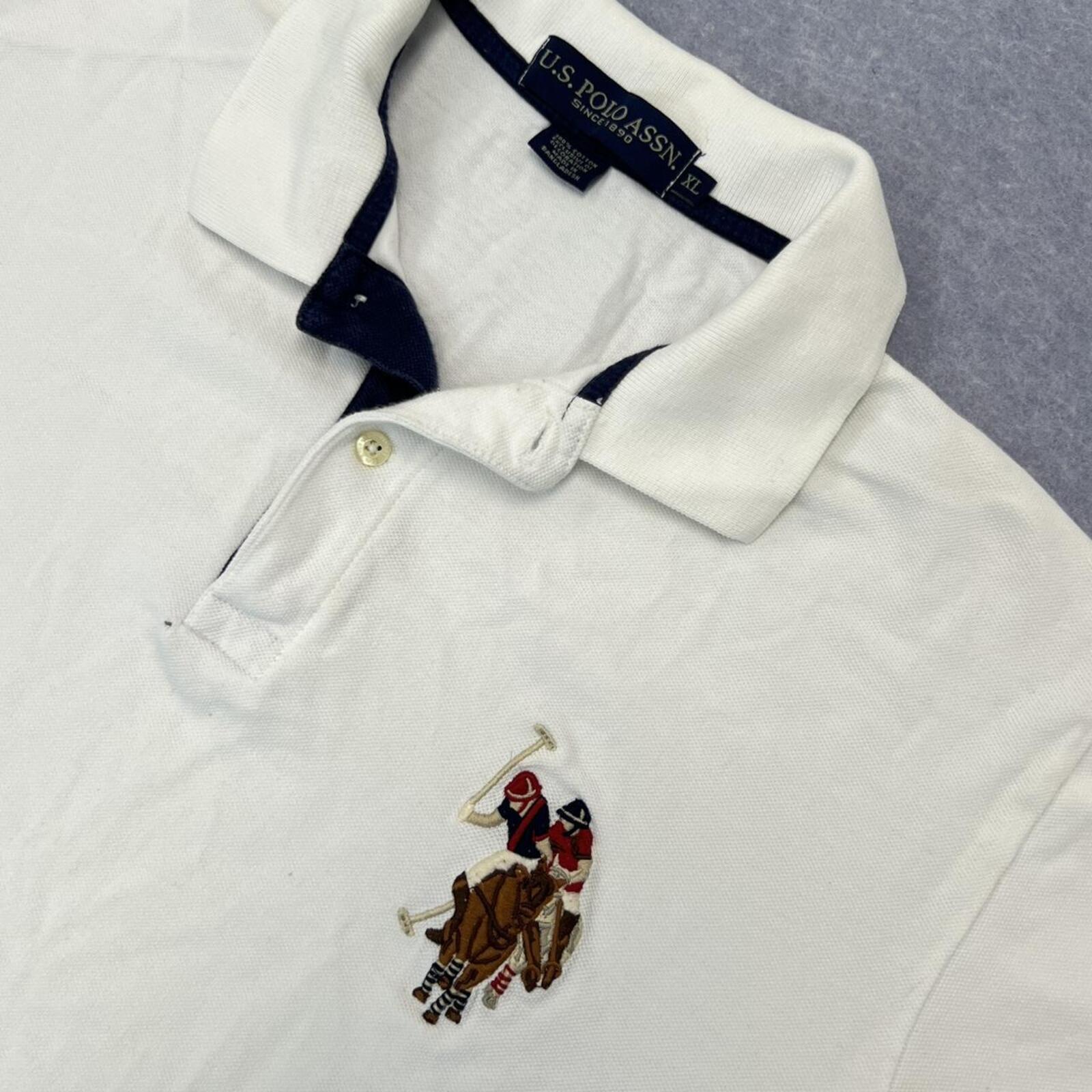 Vintage U.S. Polo Assn Men's White & Navy No.3 Big Flesh Pony Preppy Y2K Polo XL
