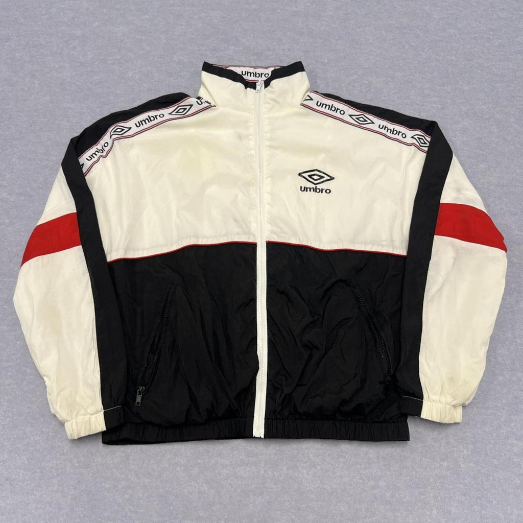Vintage 90’s Umbro Men's White Black & Red Track Jacket Y2K Football Small