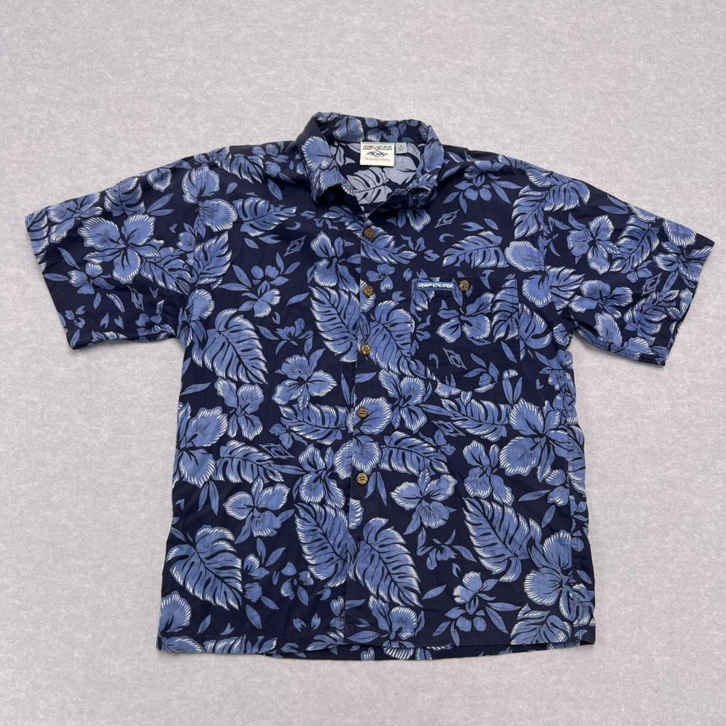 Vintage 90s Rip Curl Mens Navy Blue Tropical Floral Hawaiian Shirt Small Fits Large