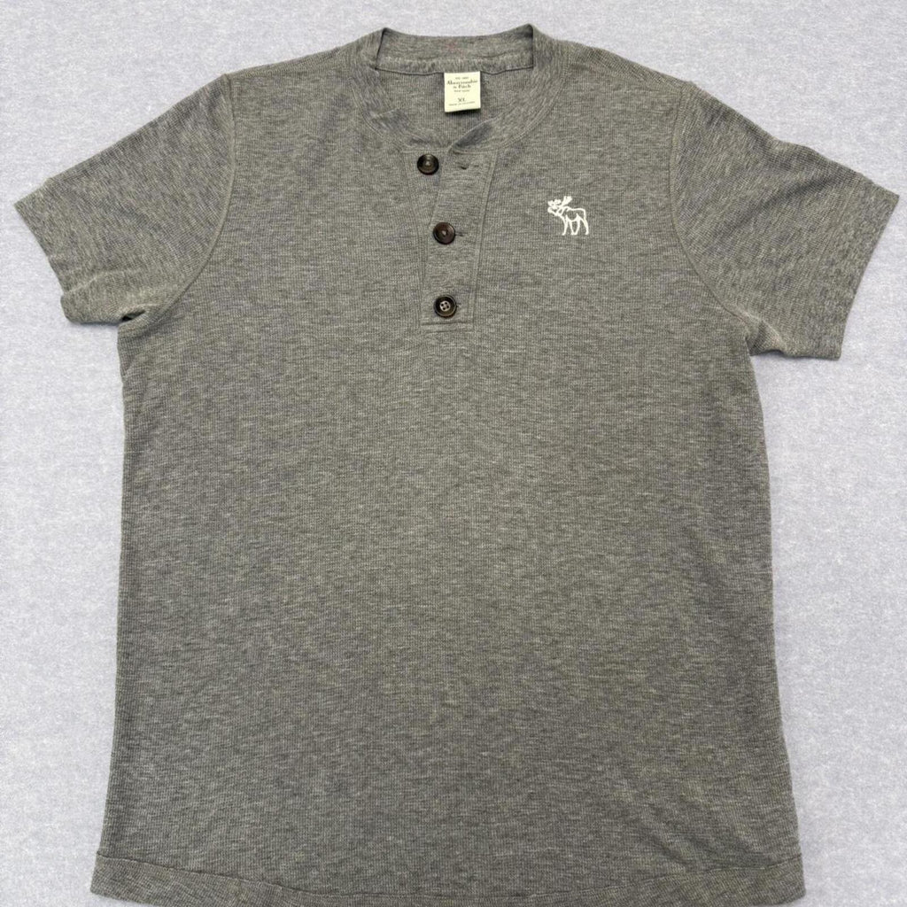 Vintage Abercrombie & Fitch Grey Button Up Grandad Preppy Moose T-Shirt Men’s XL
