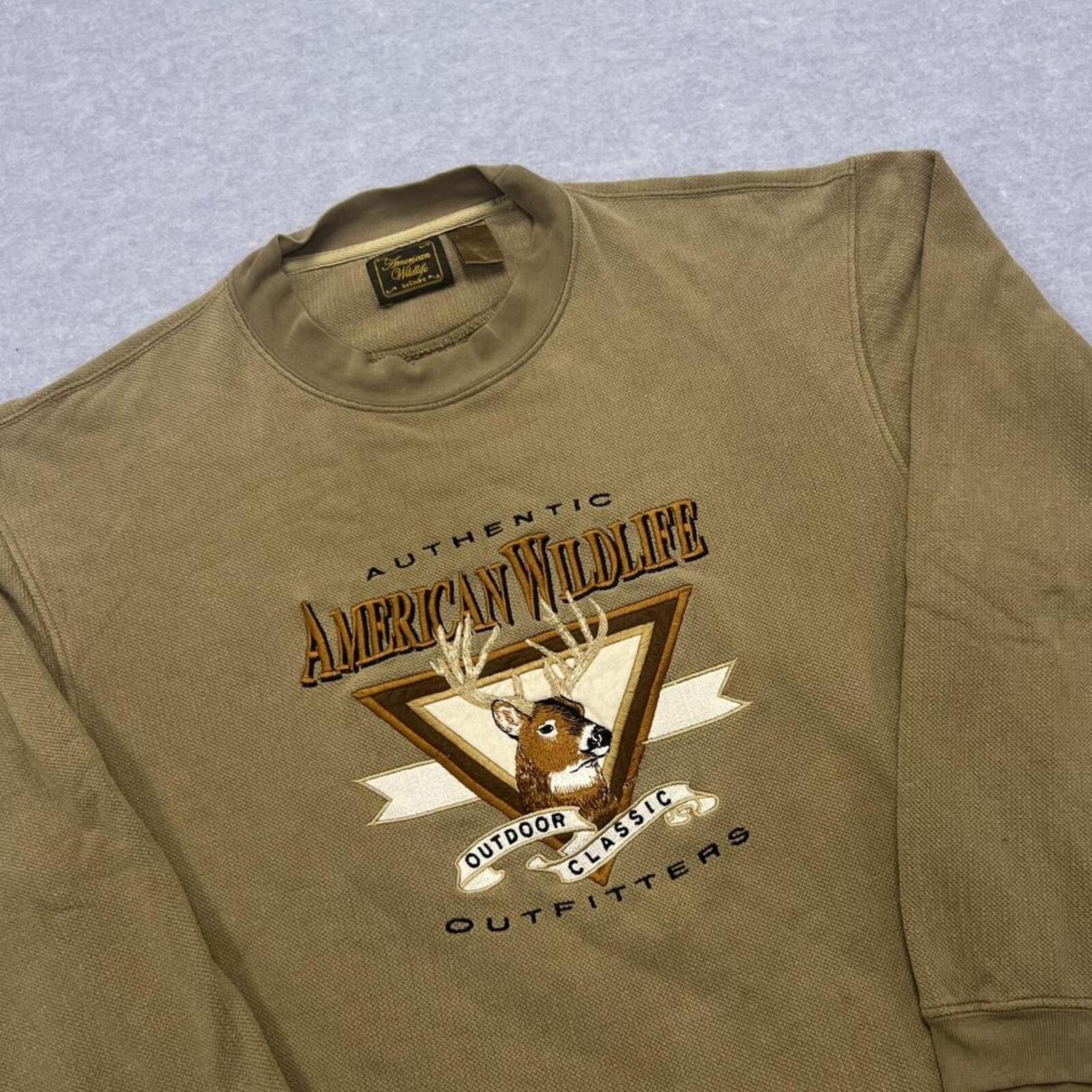 Vintage American Wildlife by Cadre Khaki Moose Deer Embroidered Sweatshirt Large