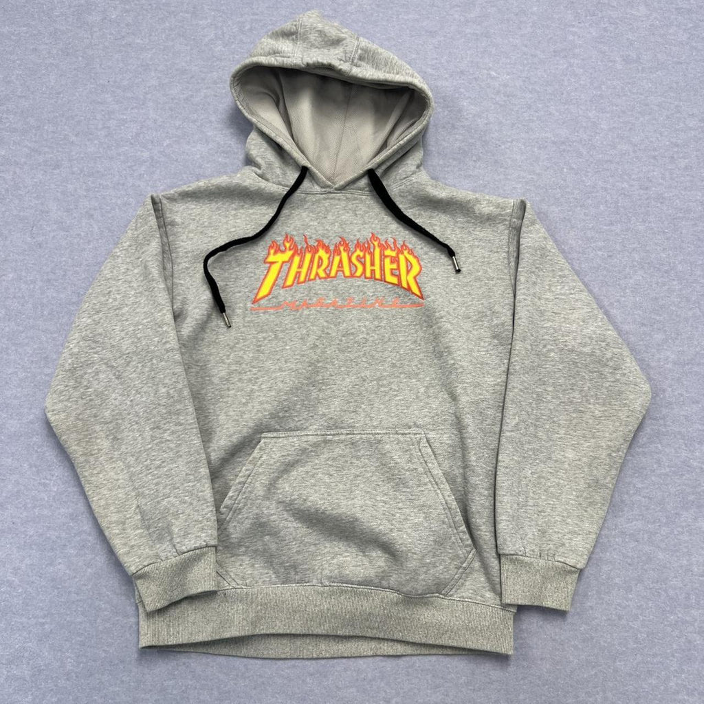 Vintage 90’s Thrasher Magazine Skateboards Flame Logo Grey Skater Hoodie Fits XL