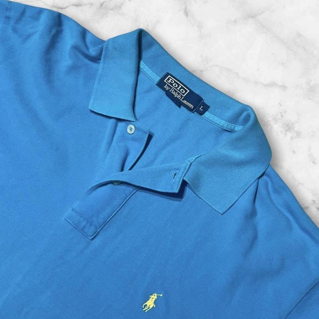 Vintage Polo Ralph Lauren Mens Light Blue Preppy Dress Polo  (Yellow Pony) Large