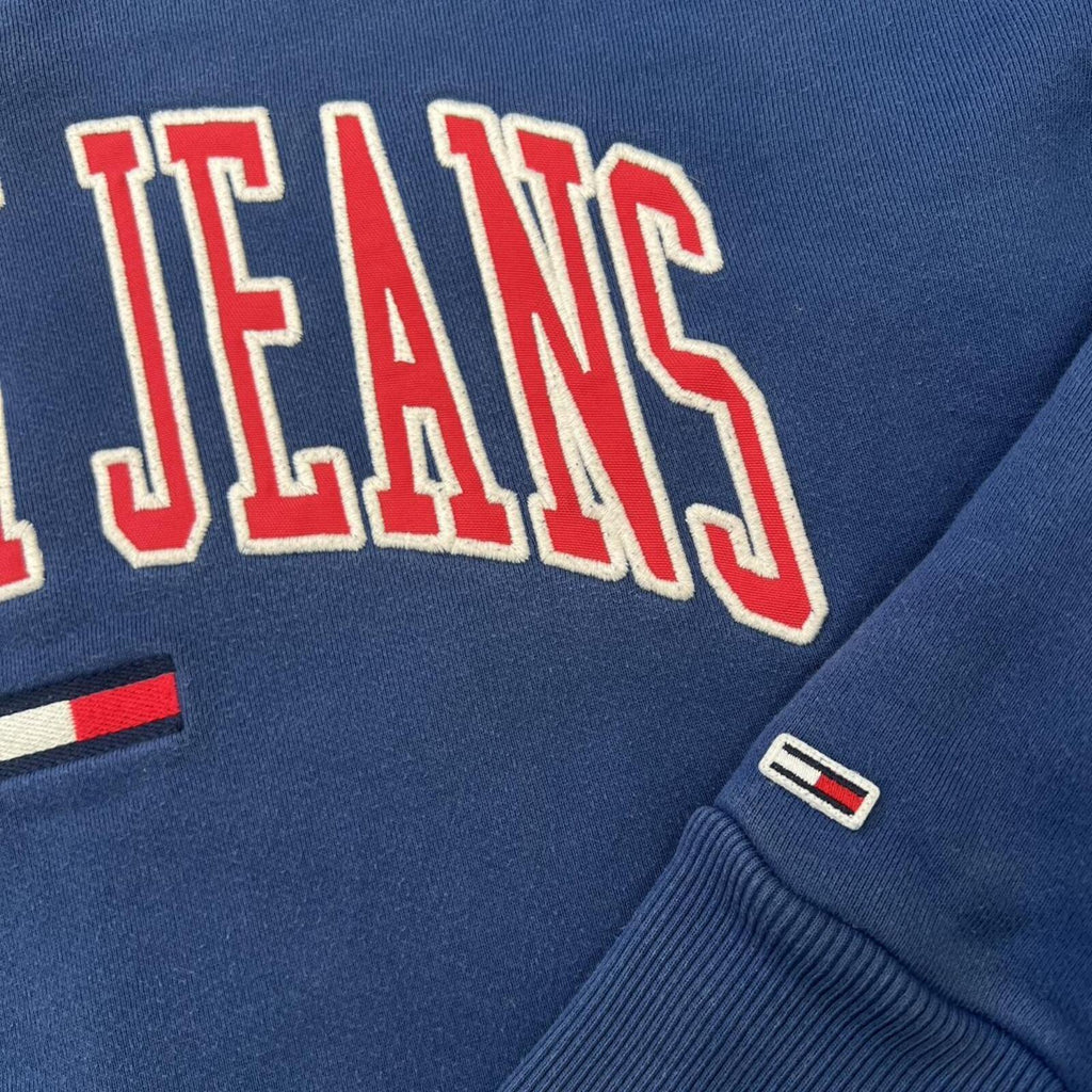 Vintage Tommy Hilfiger Tommy Jeans Men's Navy Blue & Red Spell-Out Logo Sweatshirt Medium