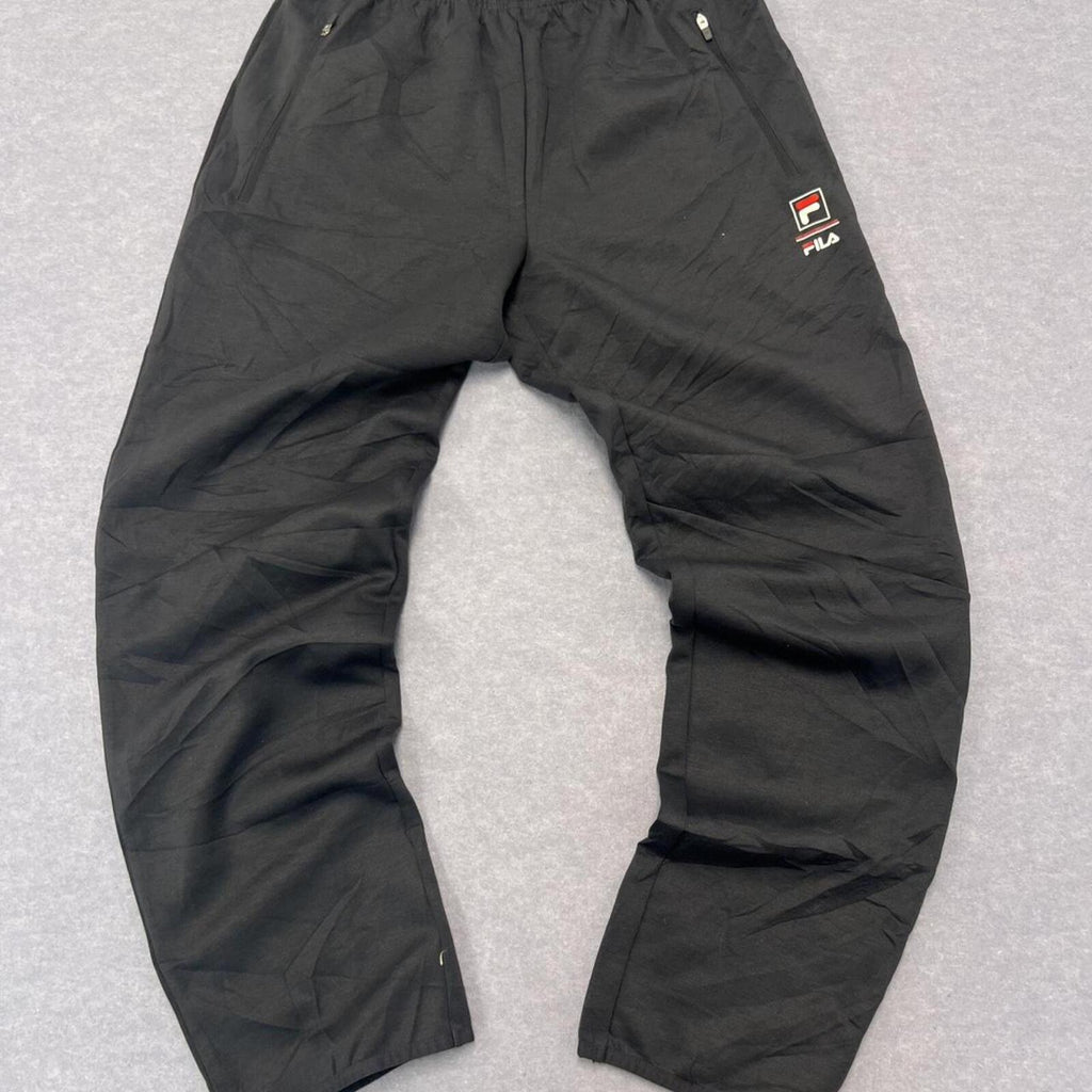 Vintage Y2K Fila Men's Dark Grey Baggy Nylon Track Pants Zip Pockets Small