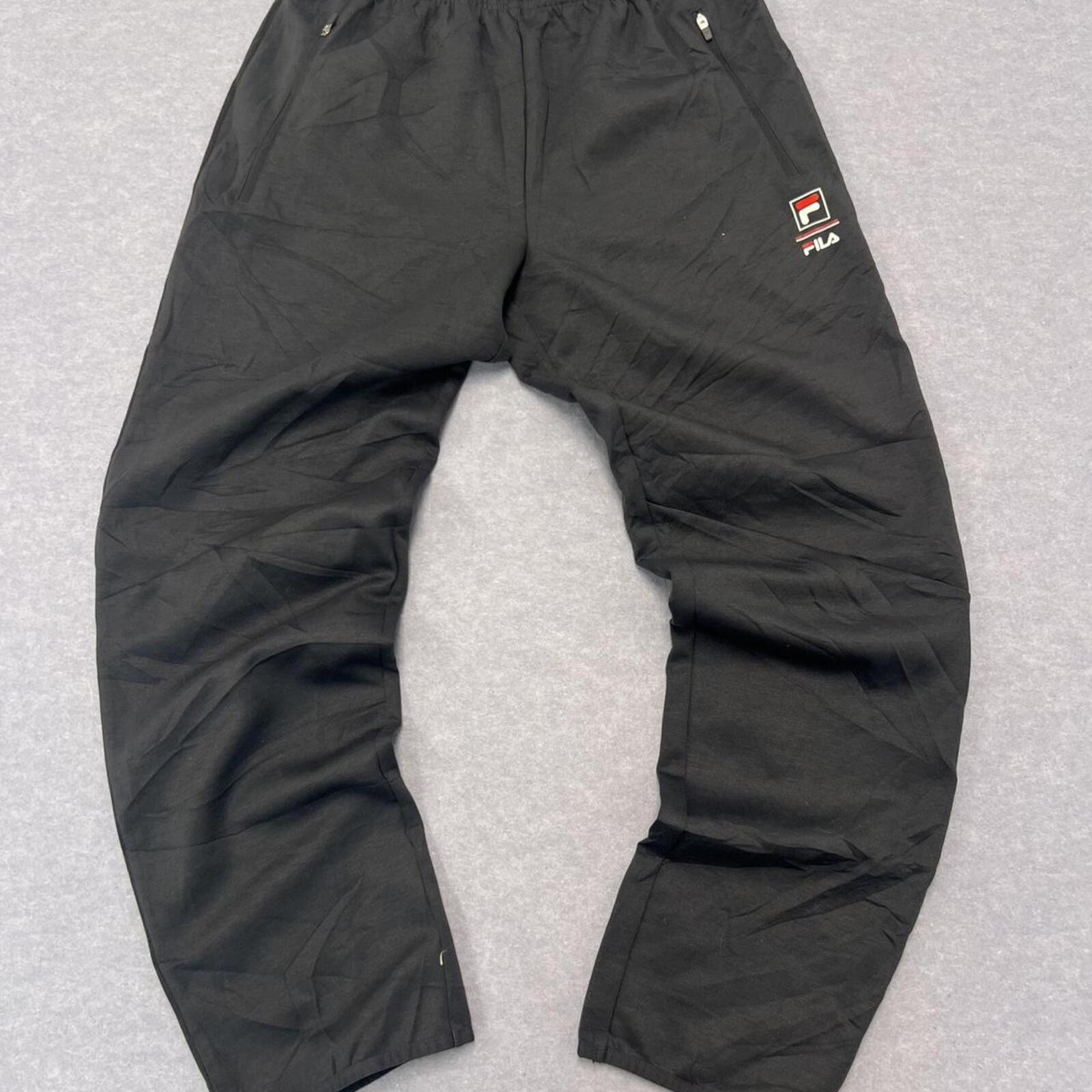 Vintage Y2K Fila Men's Dark Grey Baggy Nylon Track Pants Zip Pockets Small