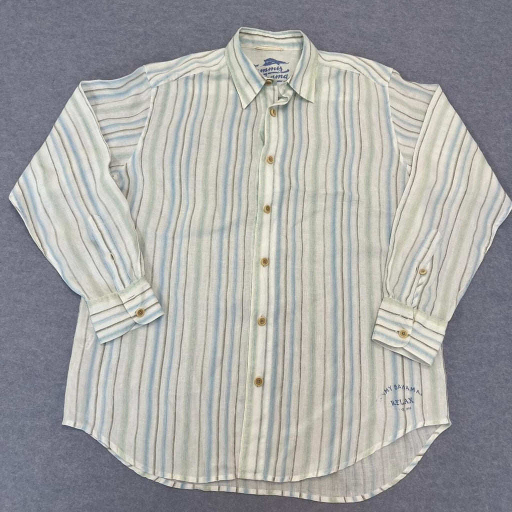 Tommy Bahama Men's 100% Linen Blue White & Green Striped Relax L/S Shirt Medium