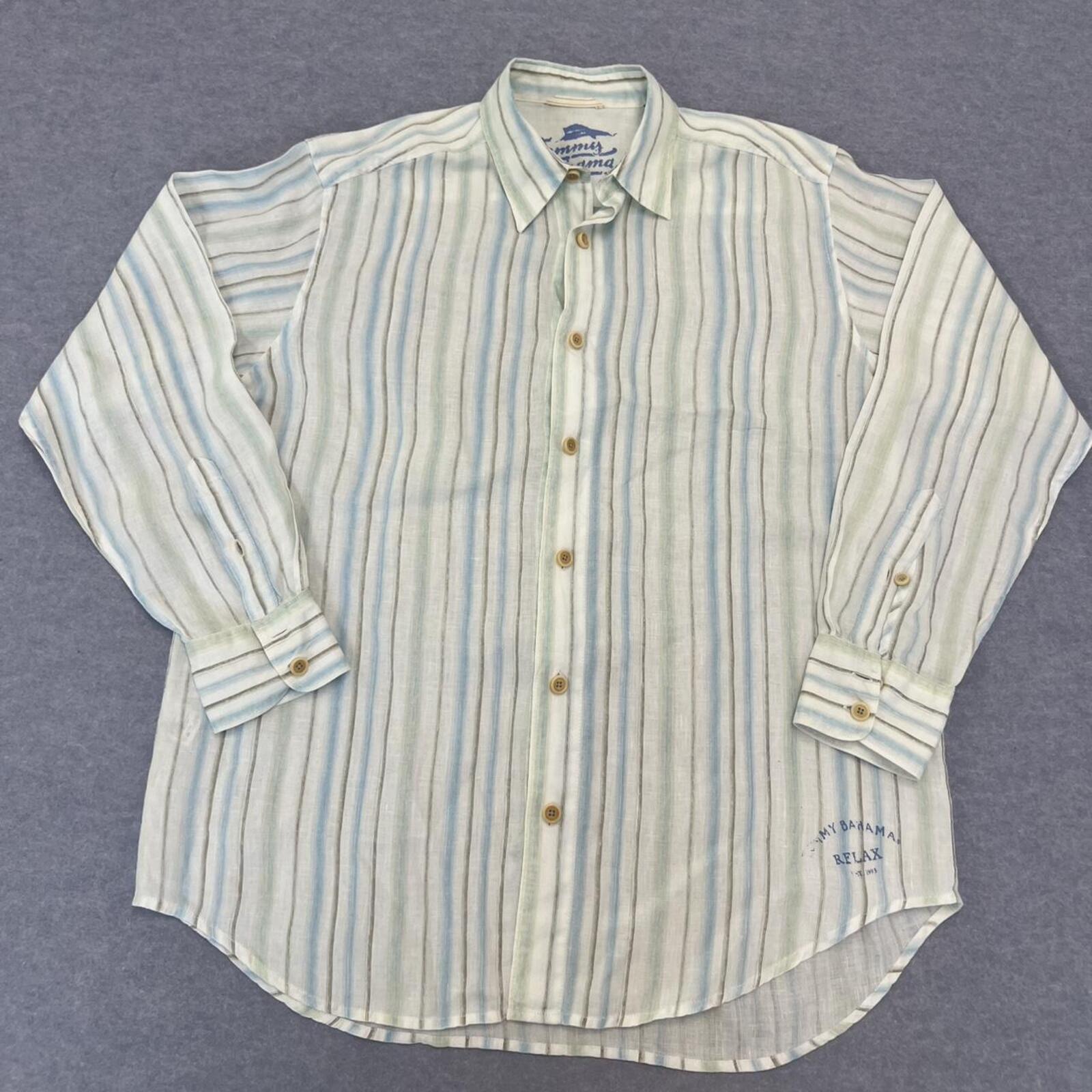 Tommy Bahama Men's 100% Linen Blue White & Green Striped Relax L/S Shirt Medium