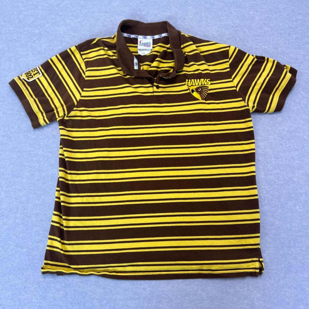 Vintage Hawthorn Hawks AFL Official Striped Polo Shirt Brown & Gold Y2K XXL