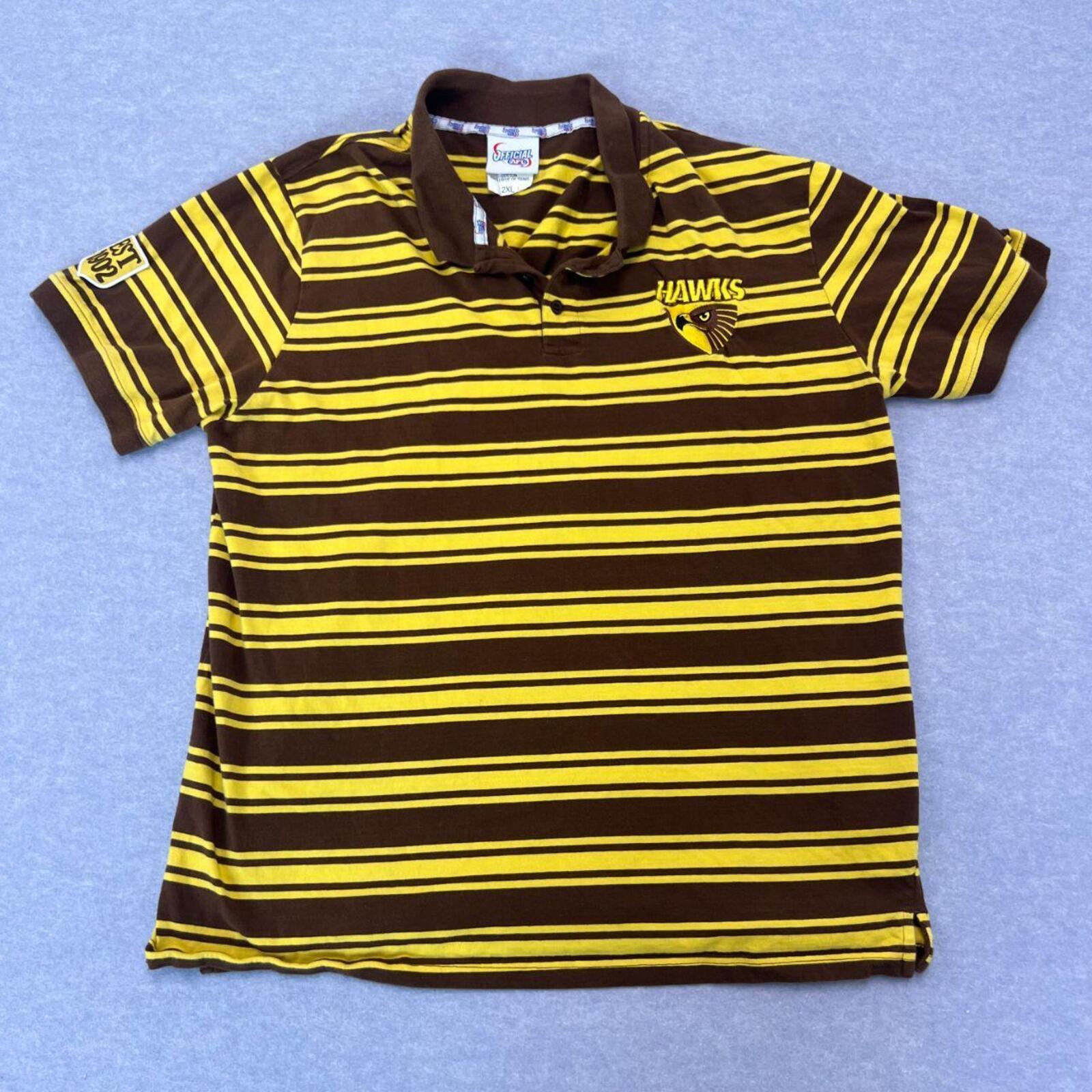 Vintage Hawthorn Hawks AFL Official Striped Polo Shirt Brown & Gold Y2K XXL