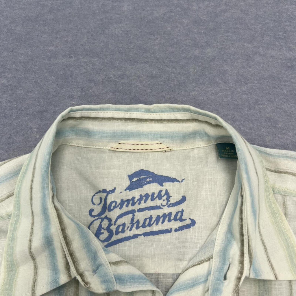 Tommy Bahama Men's 100% Linen Blue White & Green Striped Relax L/S Shirt Medium
