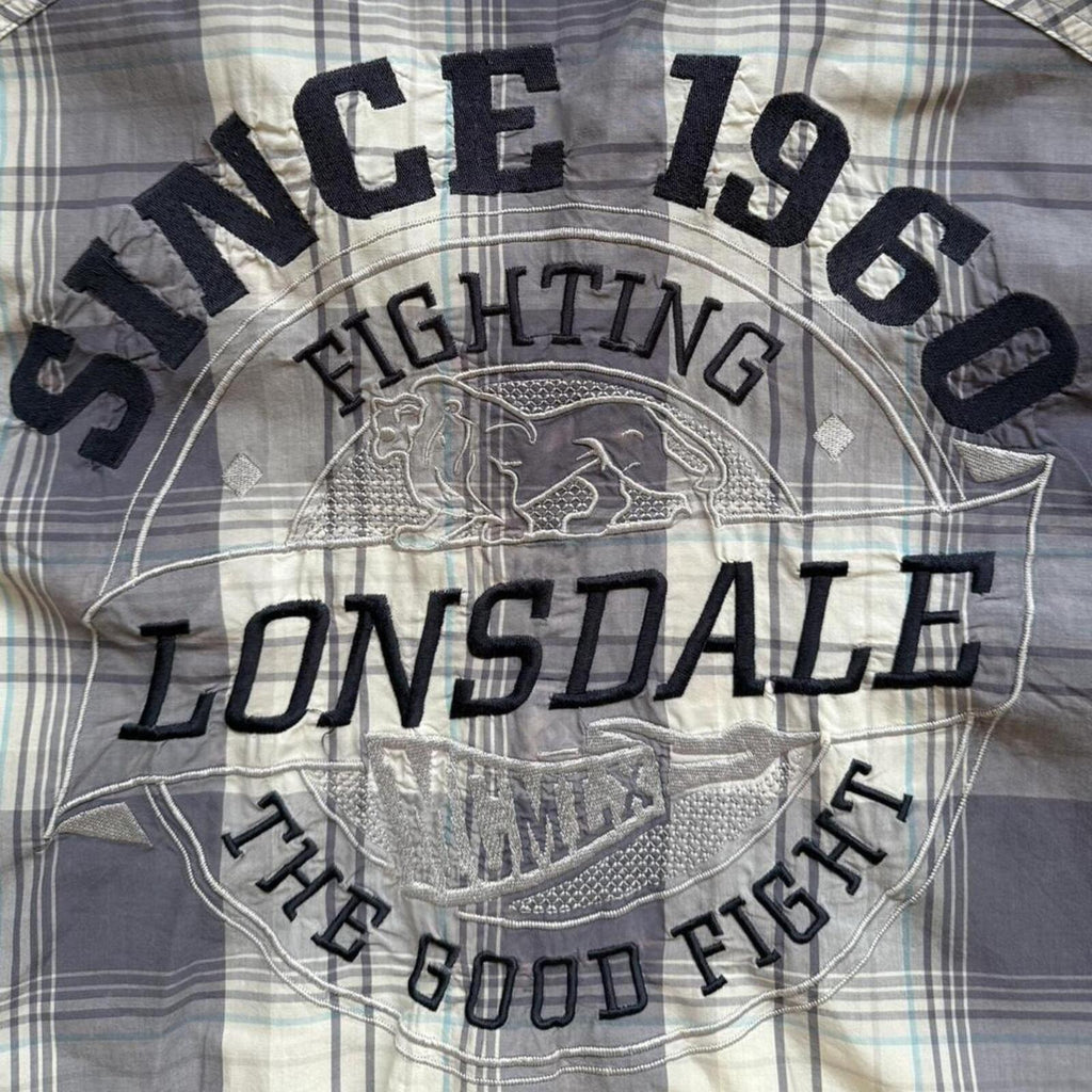 Vintage Lonsdale Blue & White Plaid Button Up Embroidered Polo Shirt Men’s Large
