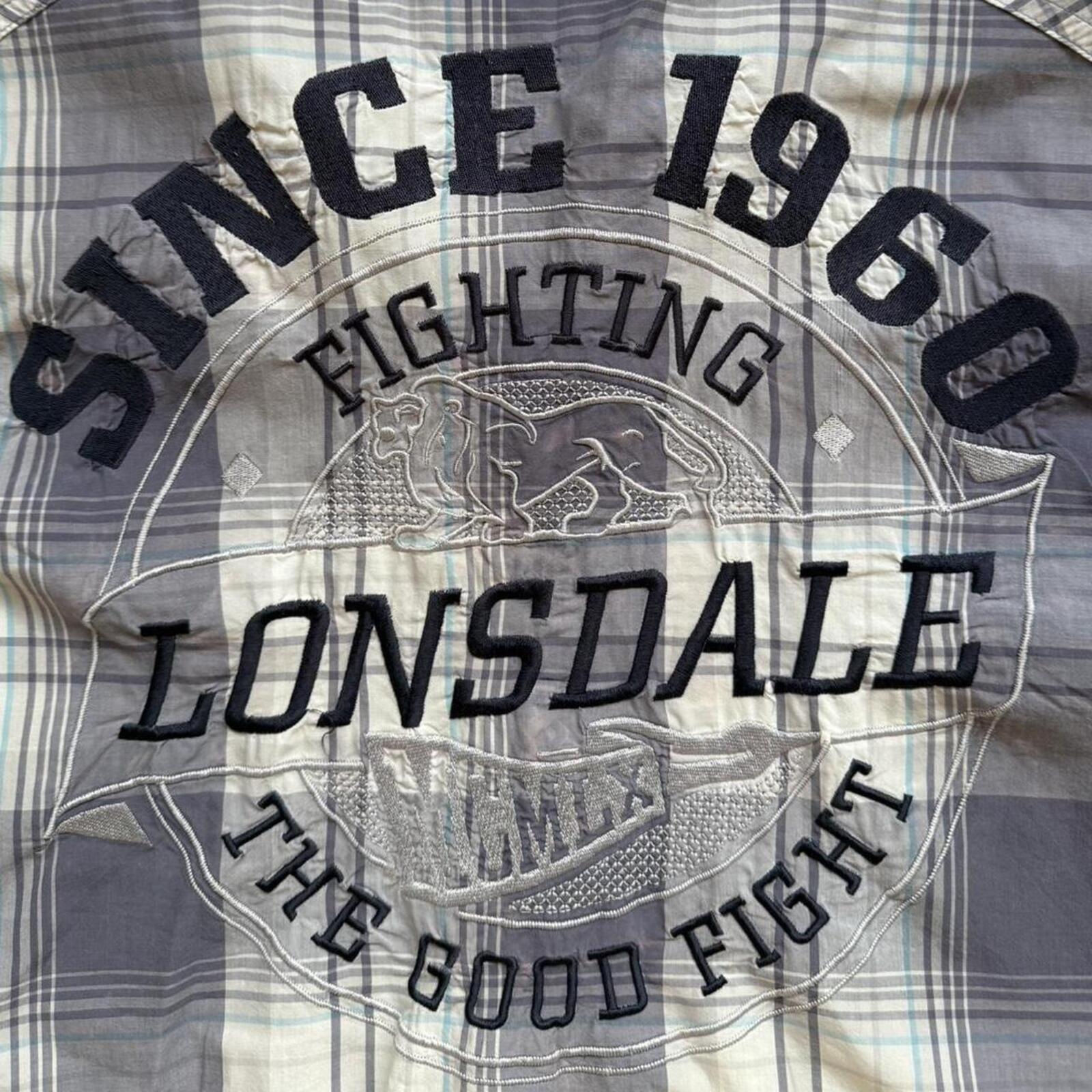 Vintage Lonsdale Blue & White Plaid Button Up Embroidered Polo Shirt Men’s Large