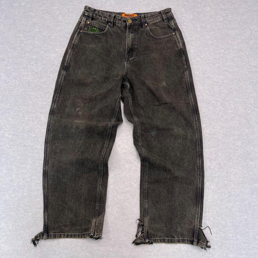 Vintage Butter Streetwear Very Baggy Spider Web Denim Charcoal Distressed Jeans Thrashed Hem Skater Men's W28"