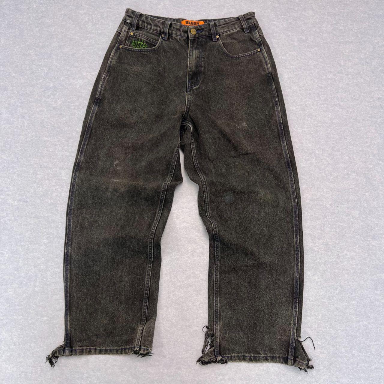 Vintage Butter Streetwear Very Baggy Spider Web Denim Charcoal Distressed Jeans Thrashed Hem Skater Men's W28"