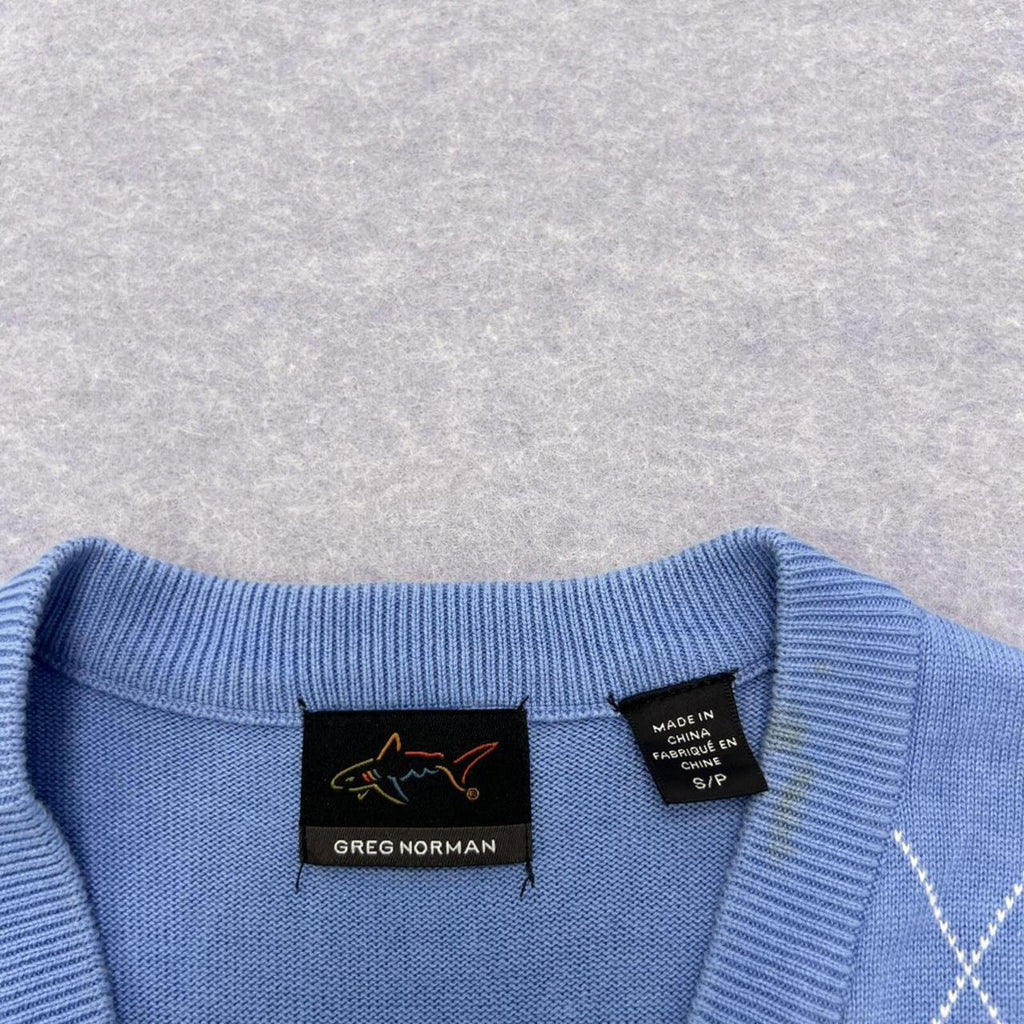 Vintage Greg Norman Golf Men’s Blue Diamond Knit Grandpa Vest V-NeckSweater Small