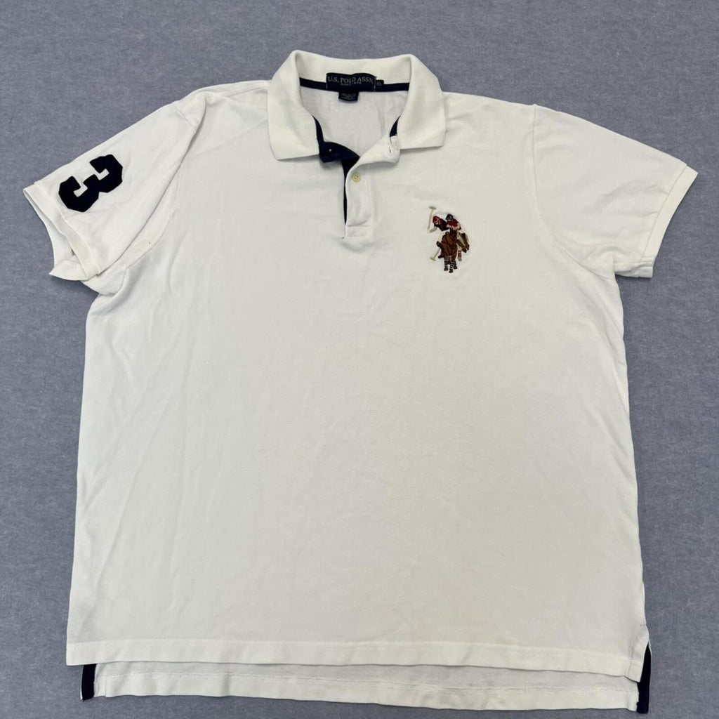 Vintage U.S. Polo Assn Men's White & Navy No.3 Big Flesh Pony Preppy Y2K Polo XL
