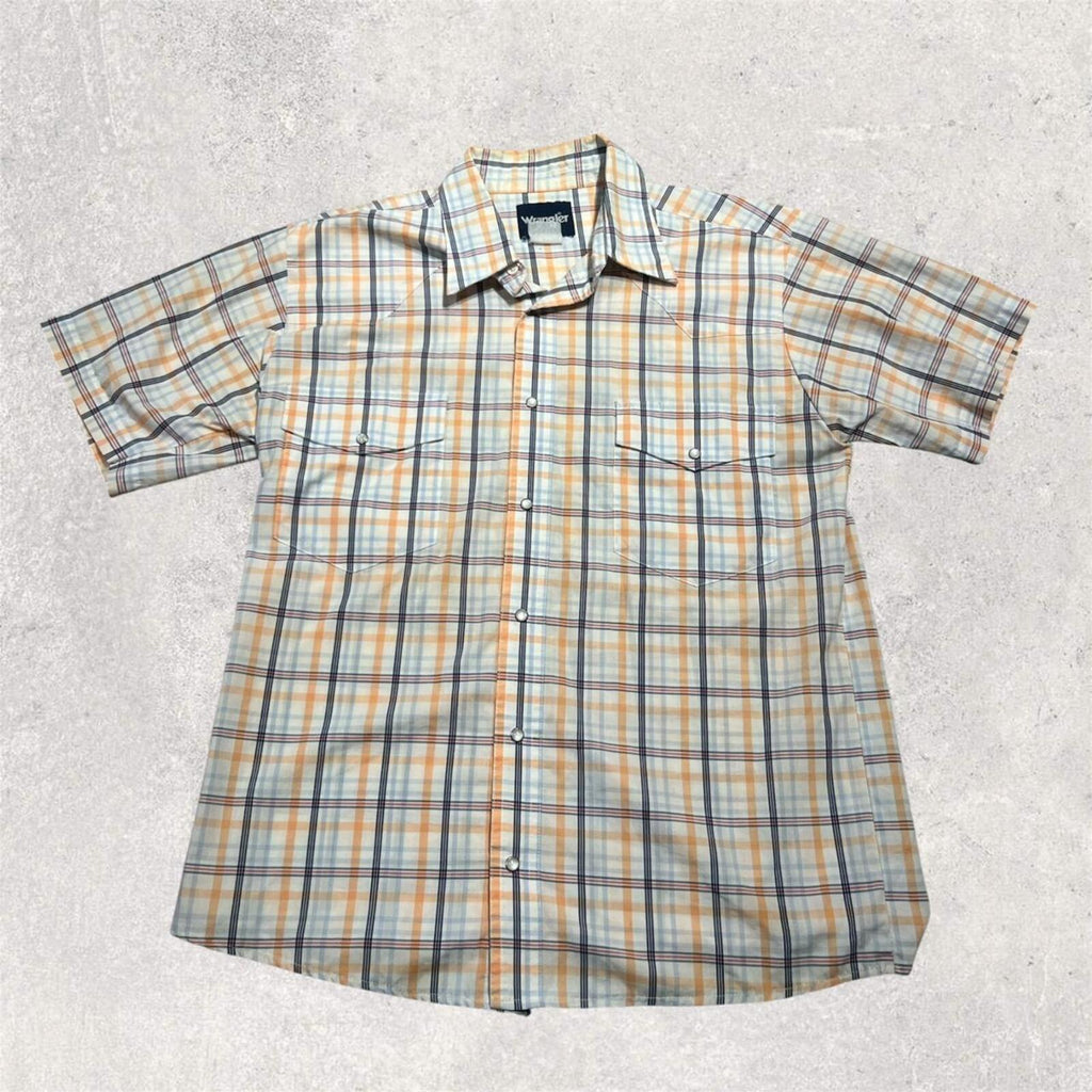 Vintage 90’s Wrangler Men's Orange & White Plaid Western Pearl Snap Dual Pocket Shirt Medium
