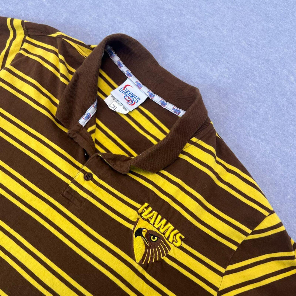 Vintage Hawthorn Hawks AFL Official Striped Polo Shirt Brown & Gold Y2K XXL