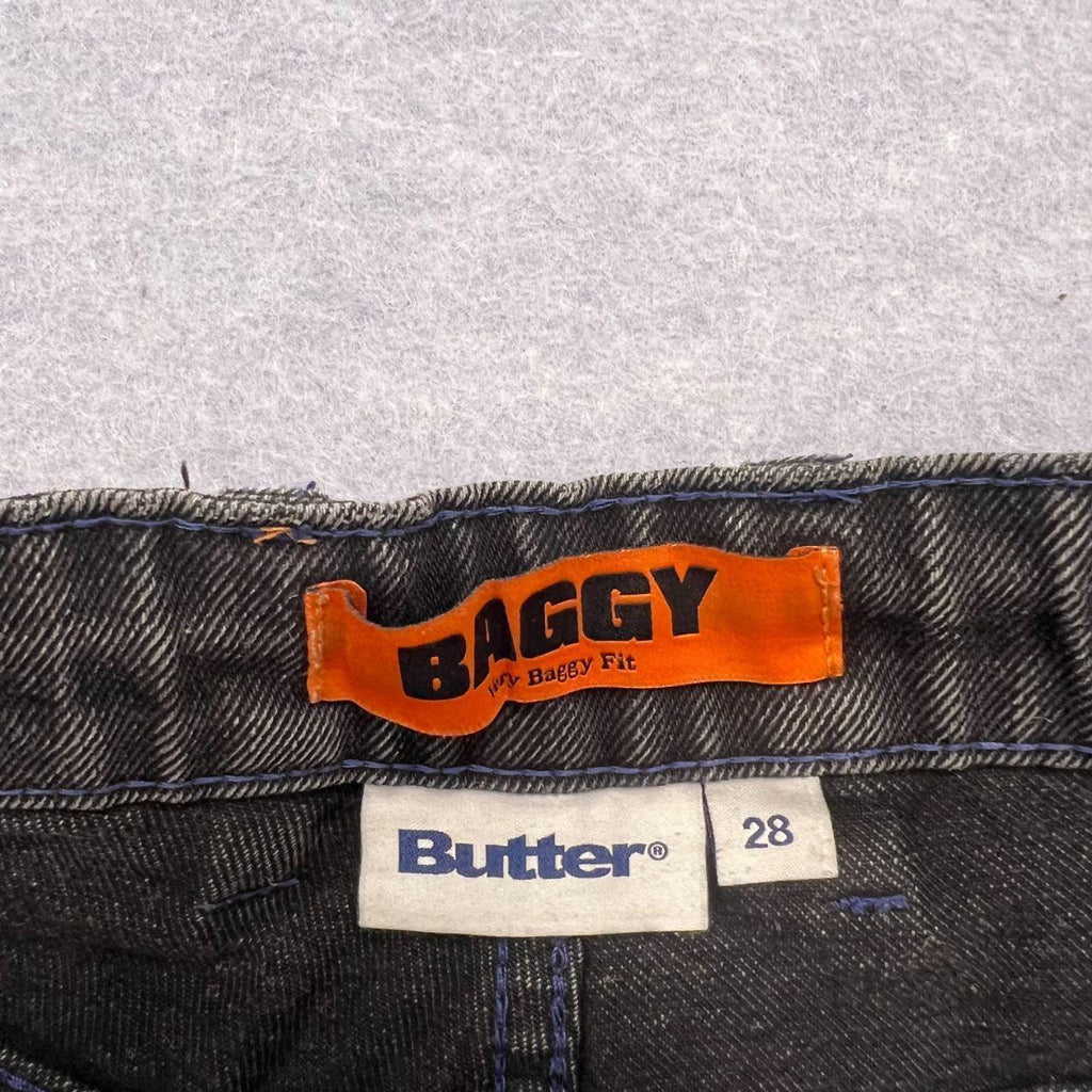 Vintage Butter Streetwear Very Baggy Spider Web Denim Charcoal Distressed Jeans Thrashed Hem Skater Men's W28"