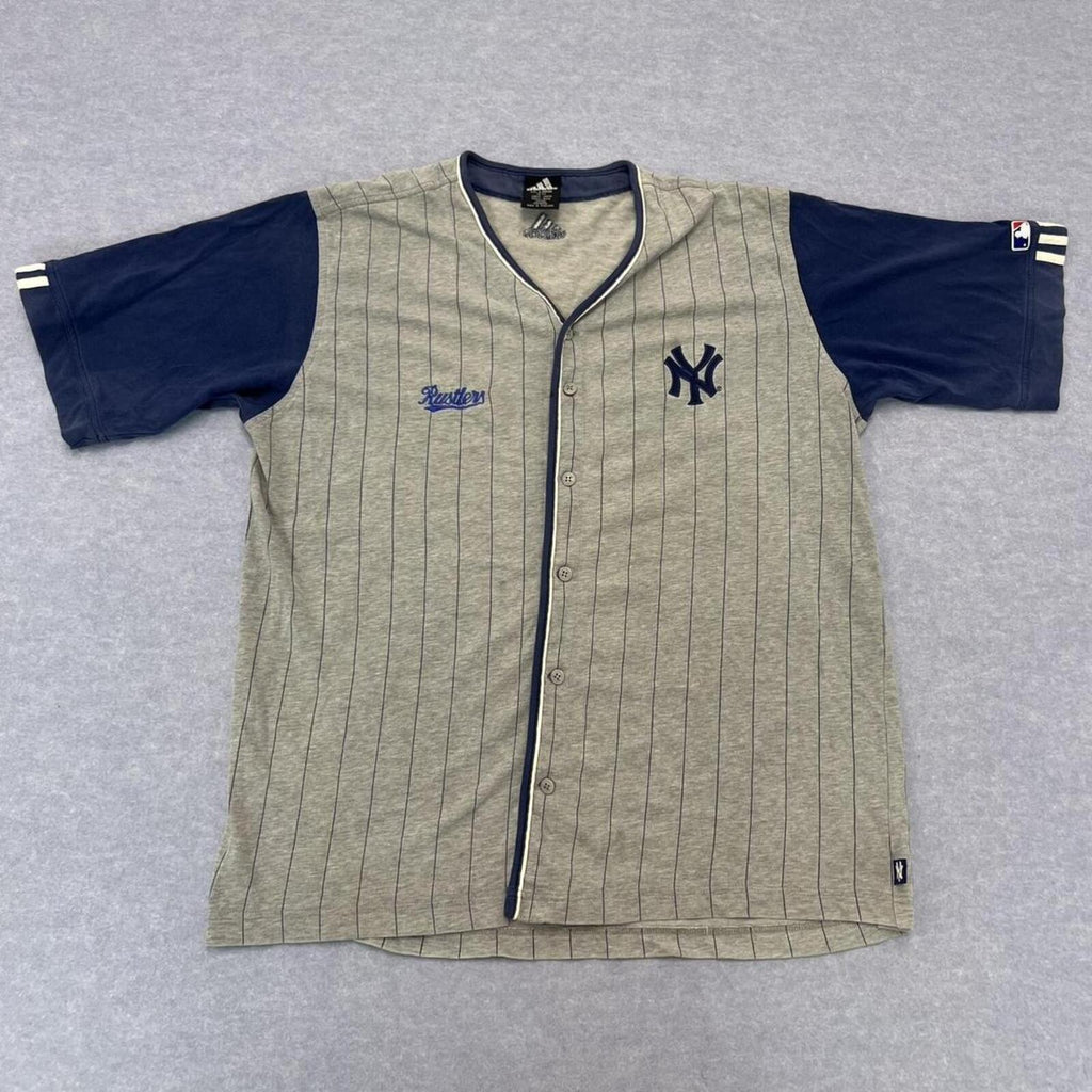 Vintage 2000 Adidas New York Yankees Grey Striped Button Up Baseball Jersey L.