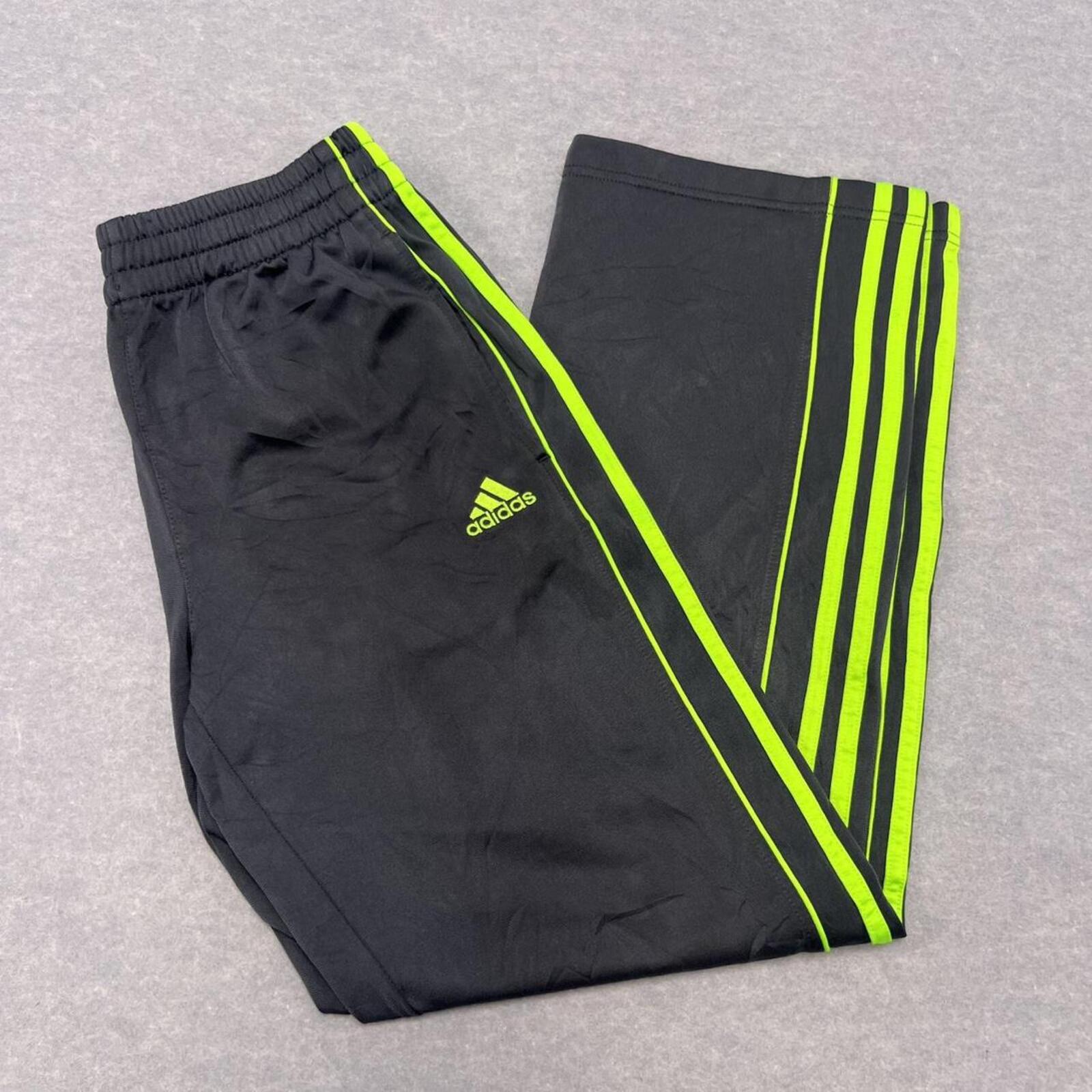 Vintage Adidas Men's Metallic Grey & Neon Green Striped Baggy Track Pants Medium