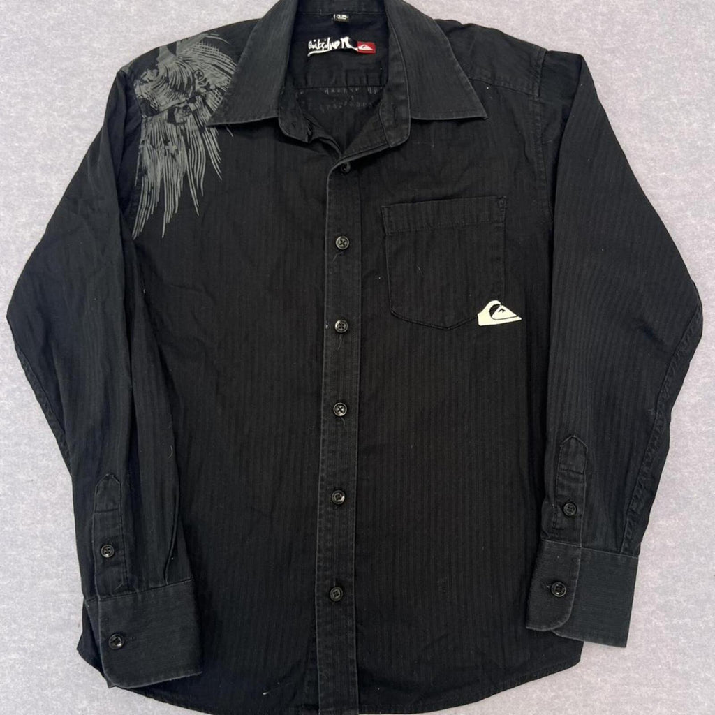 Vintage Quiksilver Surf Black Pinstripe L/S Shirt Skull Graphic Youth Boys 10