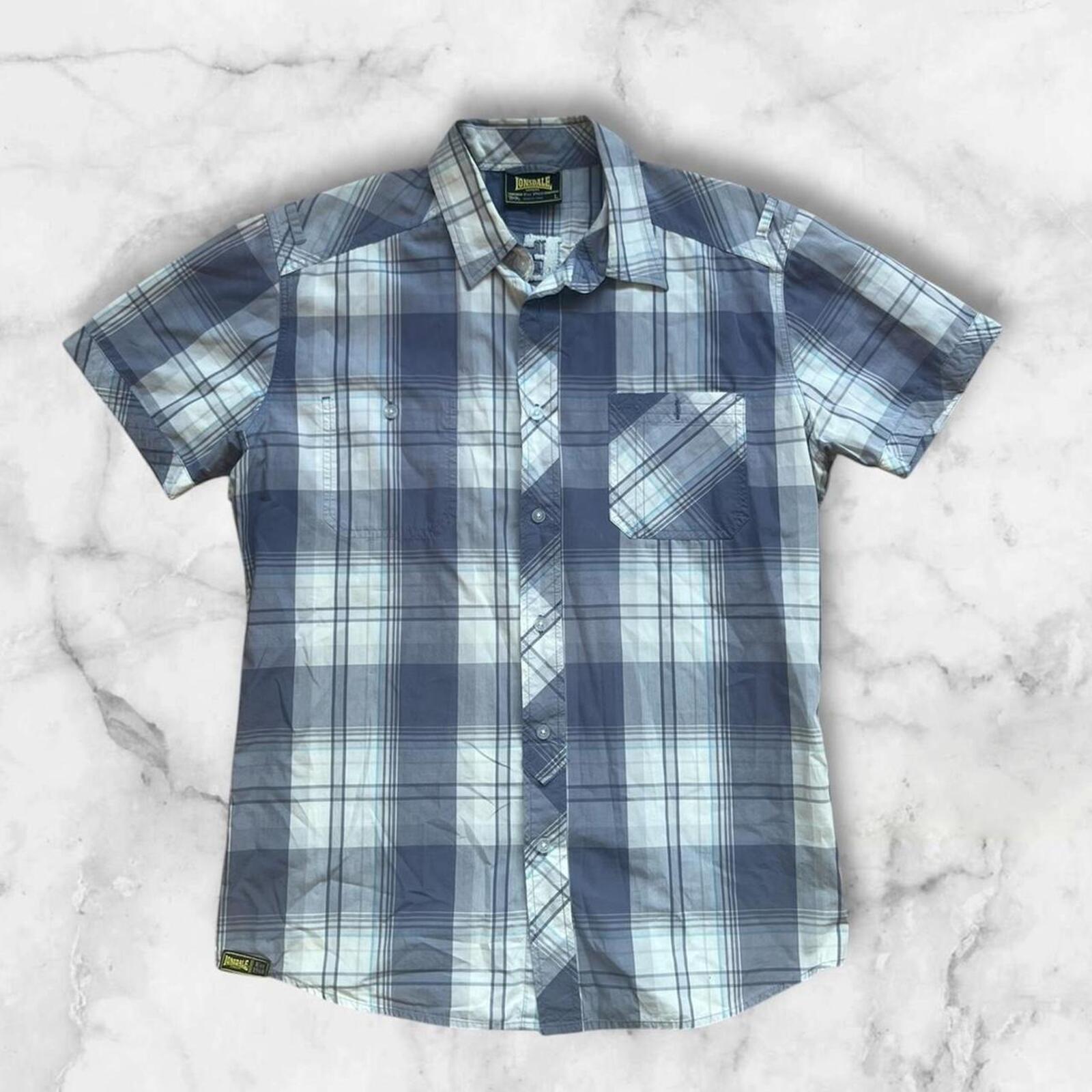 Vintage Lonsdale Blue & White Plaid Button Up Embroidered Polo Shirt Men’s Large