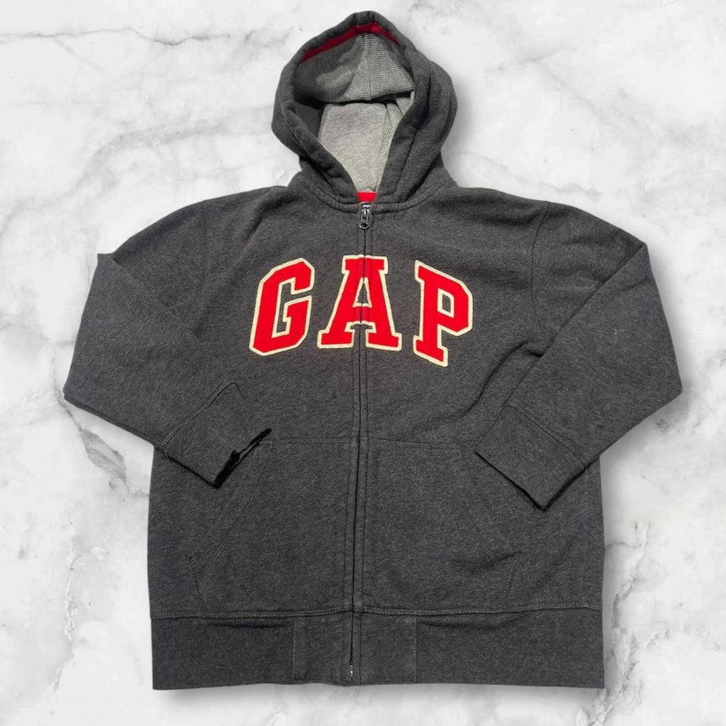 Vintage GAP Kids Youth Grey & Red Spell Out Zip Up Hoodie Children’s Medium